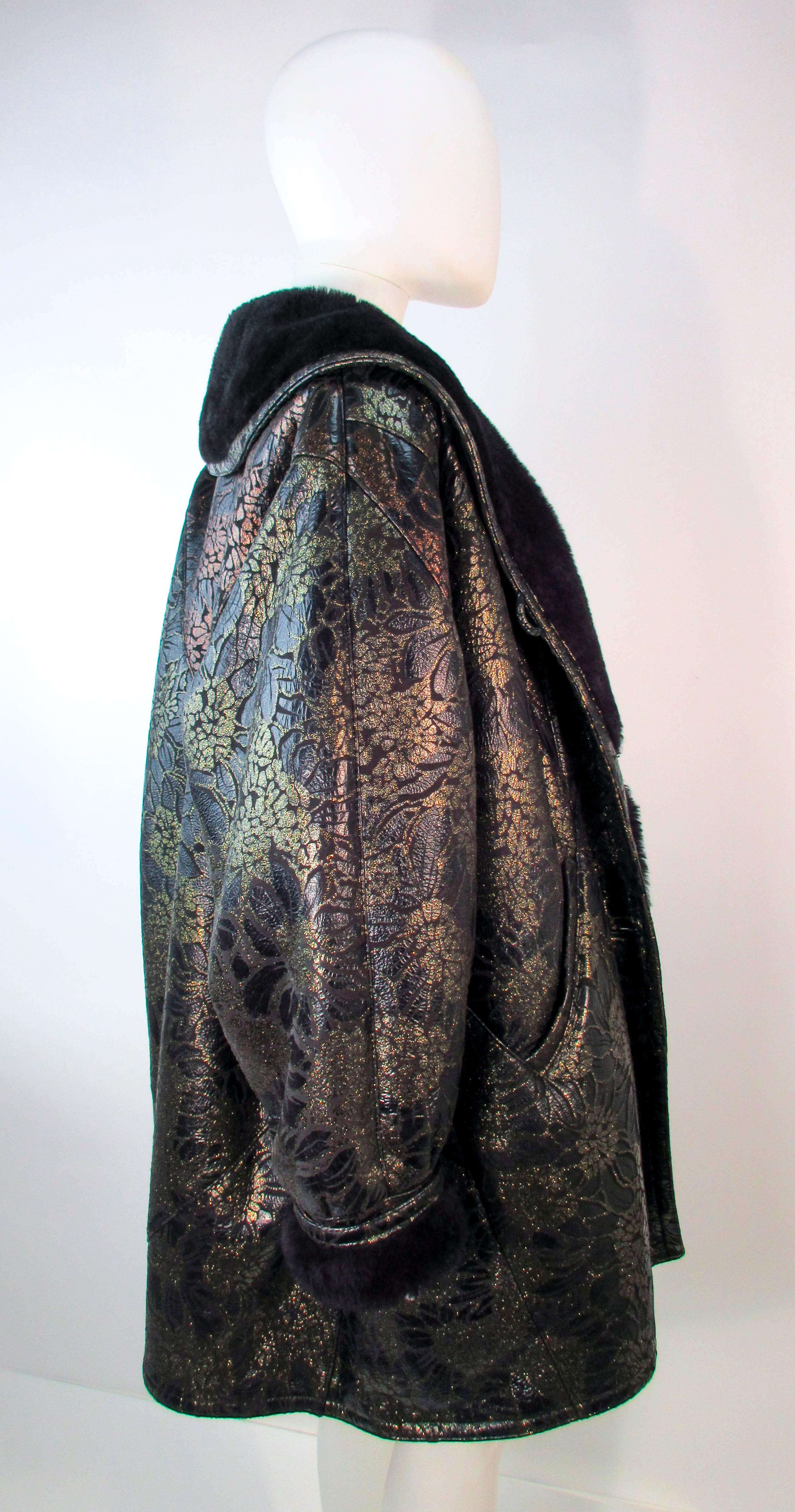 ADRIENNE LANDAU Spanish Shearling Leather Metallic Floral Pattern Coat Size 6 8 For Sale 7