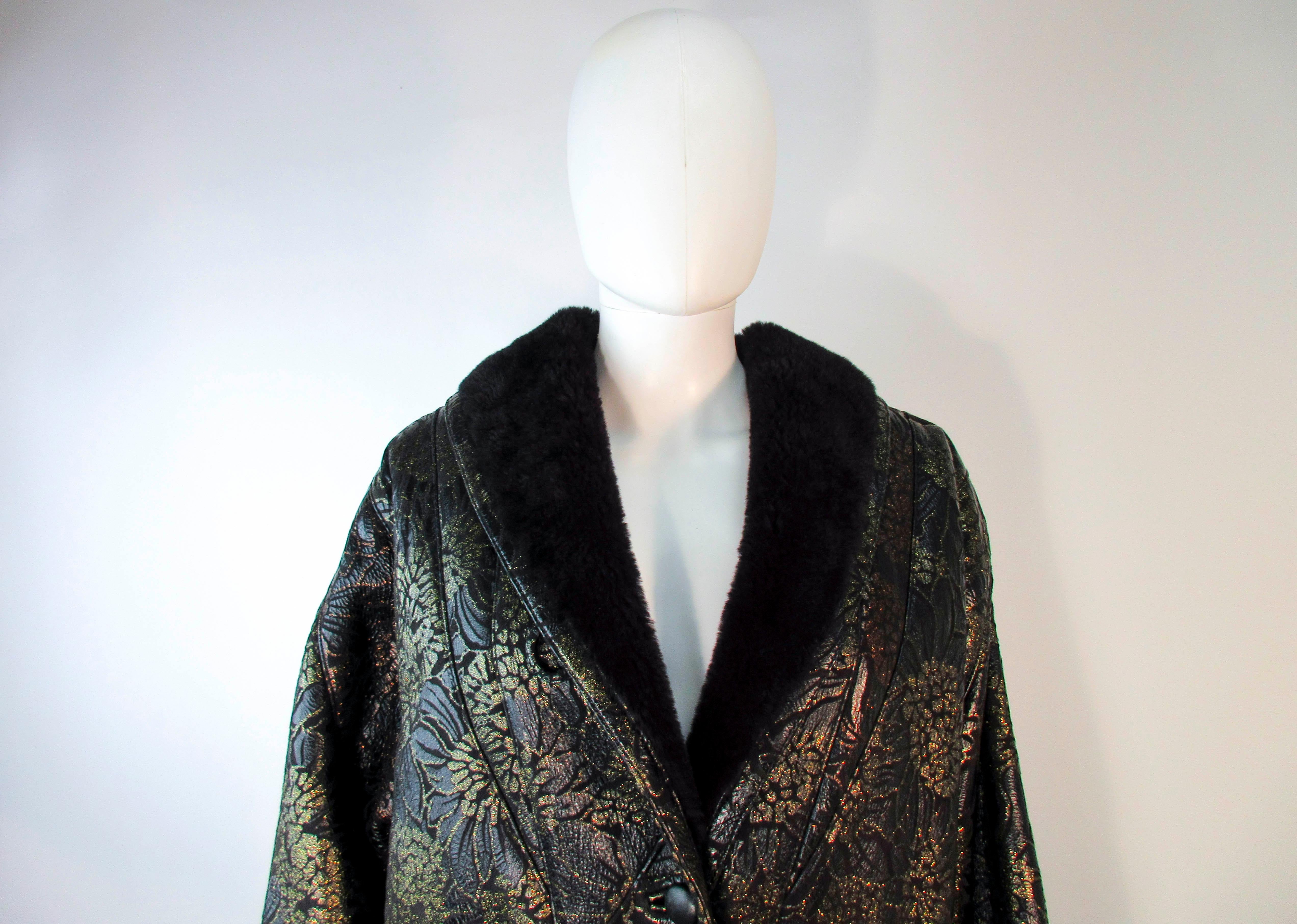 Black ADRIENNE LANDAU Spanish Shearling Leather Metallic Floral Pattern Coat Size 6 8 For Sale