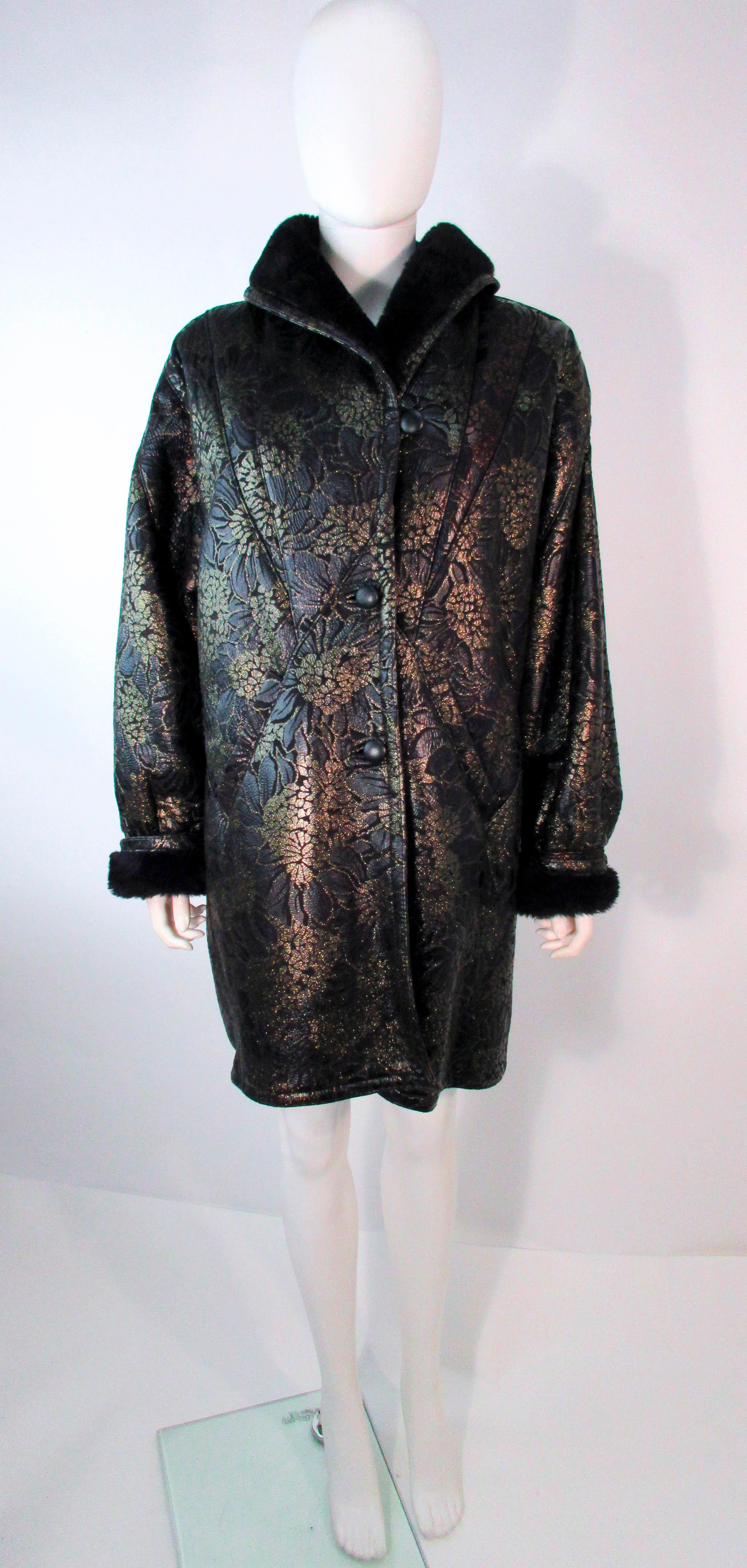 ADRIENNE LANDAU Spanish Shearling Leather Metallic Floral Pattern Coat Size 6 8 In Excellent Condition For Sale In Los Angeles, CA