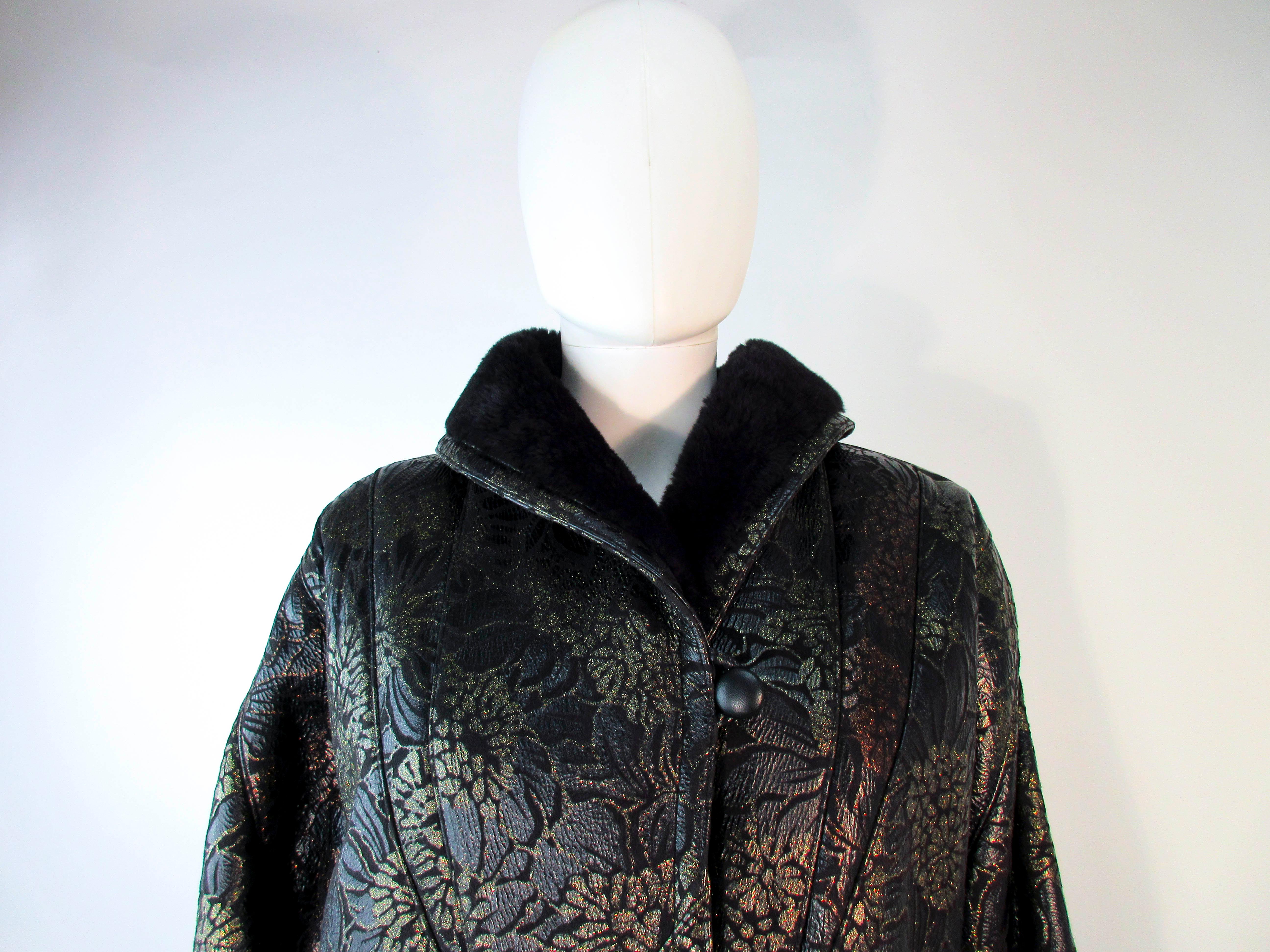 Women's ADRIENNE LANDAU Spanish Shearling Leather Metallic Floral Pattern Coat Size 6 8 For Sale