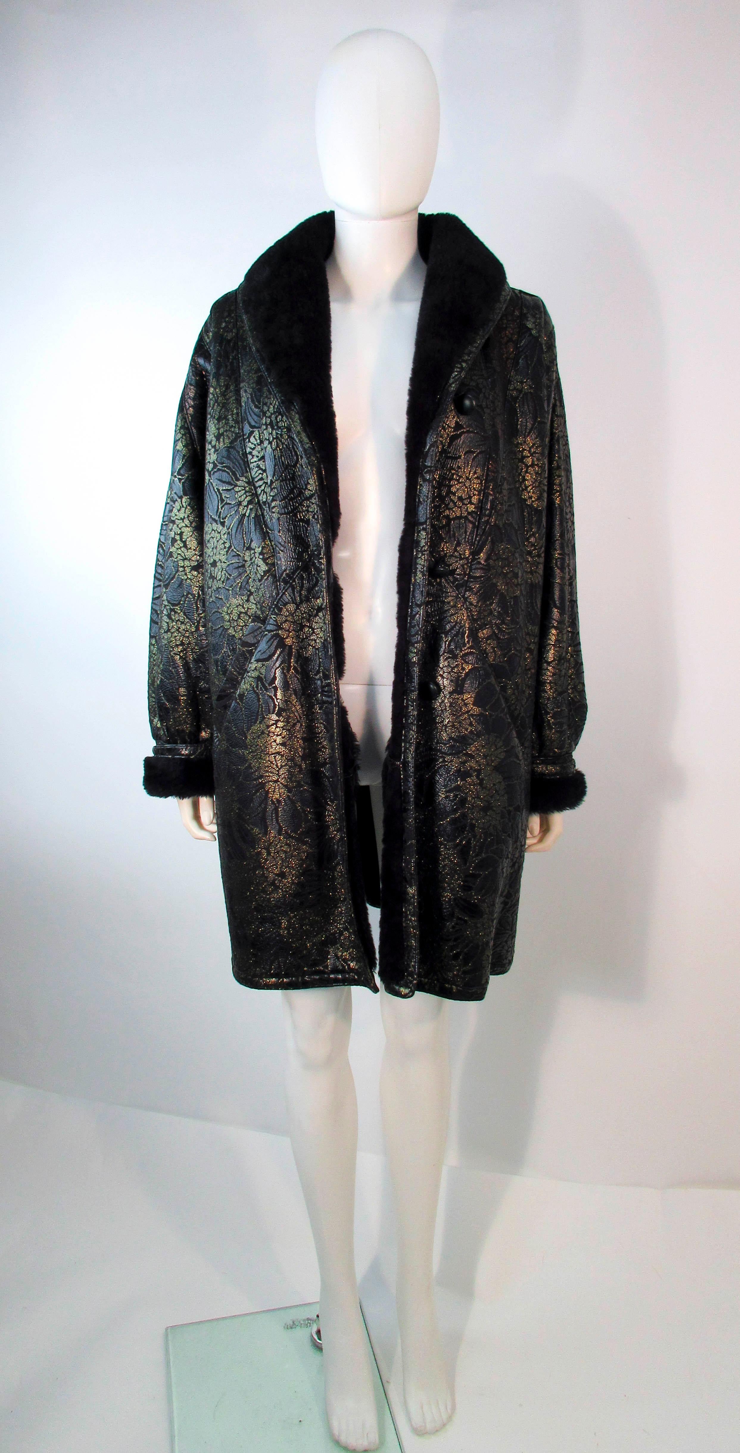 ADRIENNE LANDAU Spanish Shearling Leather Metallic Floral Pattern Coat Size 6 8 For Sale 1