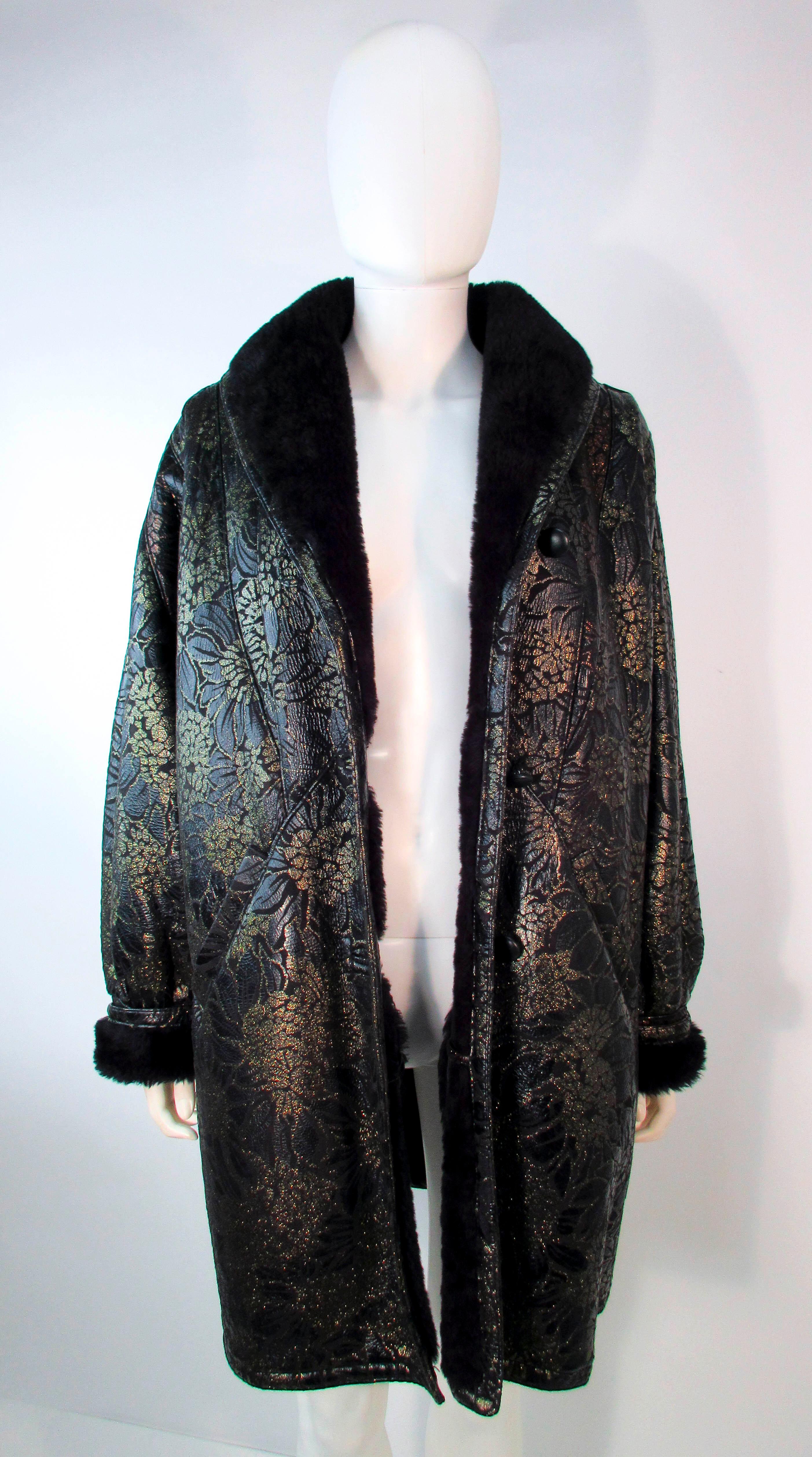 ADRIENNE LANDAU Spanish Shearling Leather Metallic Floral Pattern Coat Size 6 8 For Sale 2