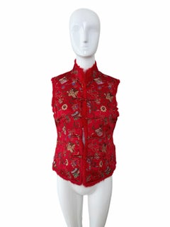 Gilet leggero ADRIENNE LANDAU Vintage Red Chinoiserie con bordo in pelliccia