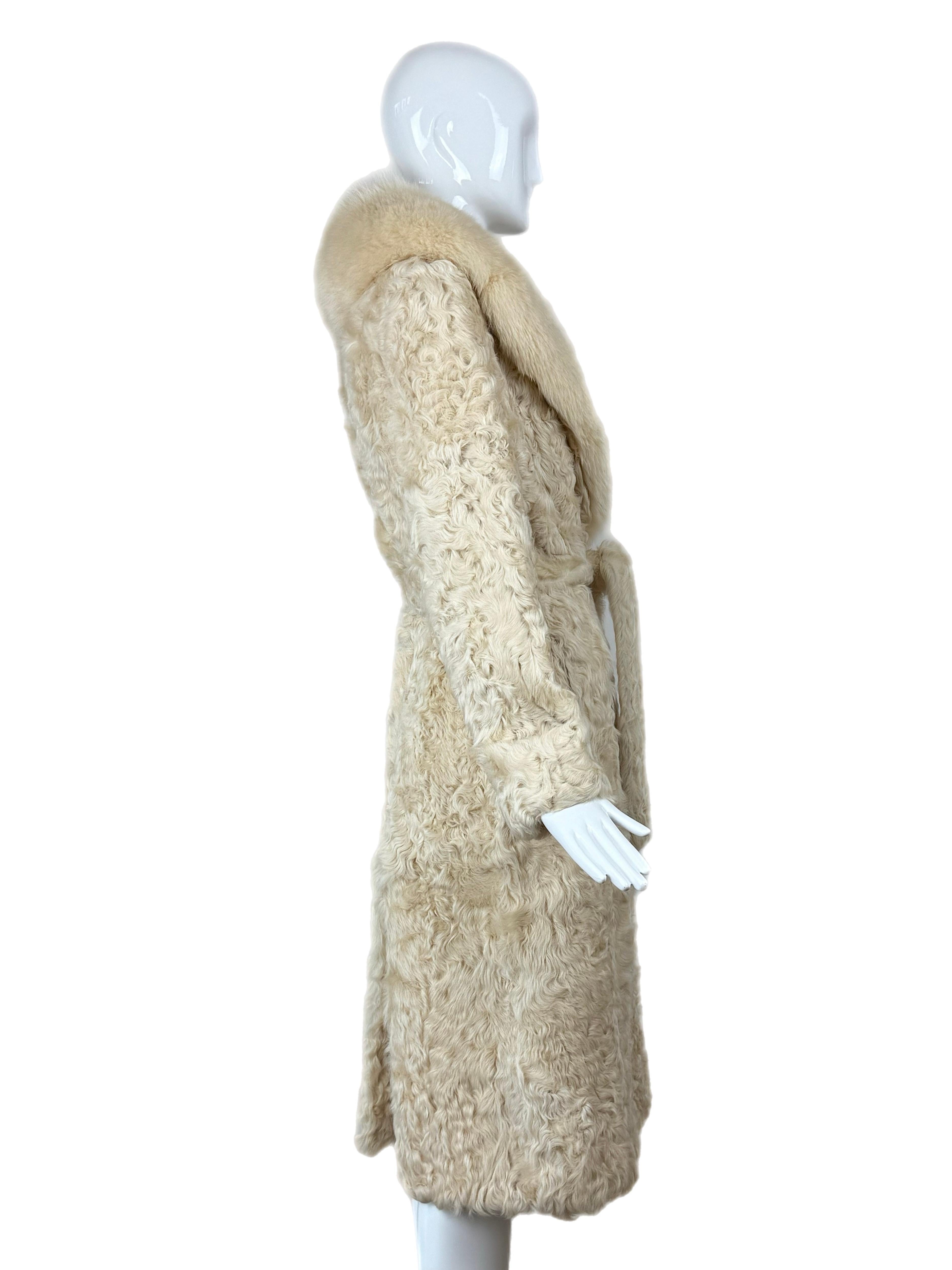 Brown ADRIENNE LANDAU Vintage Vanilla Curly Lamb + Fox Fur Belted Coat For Sale
