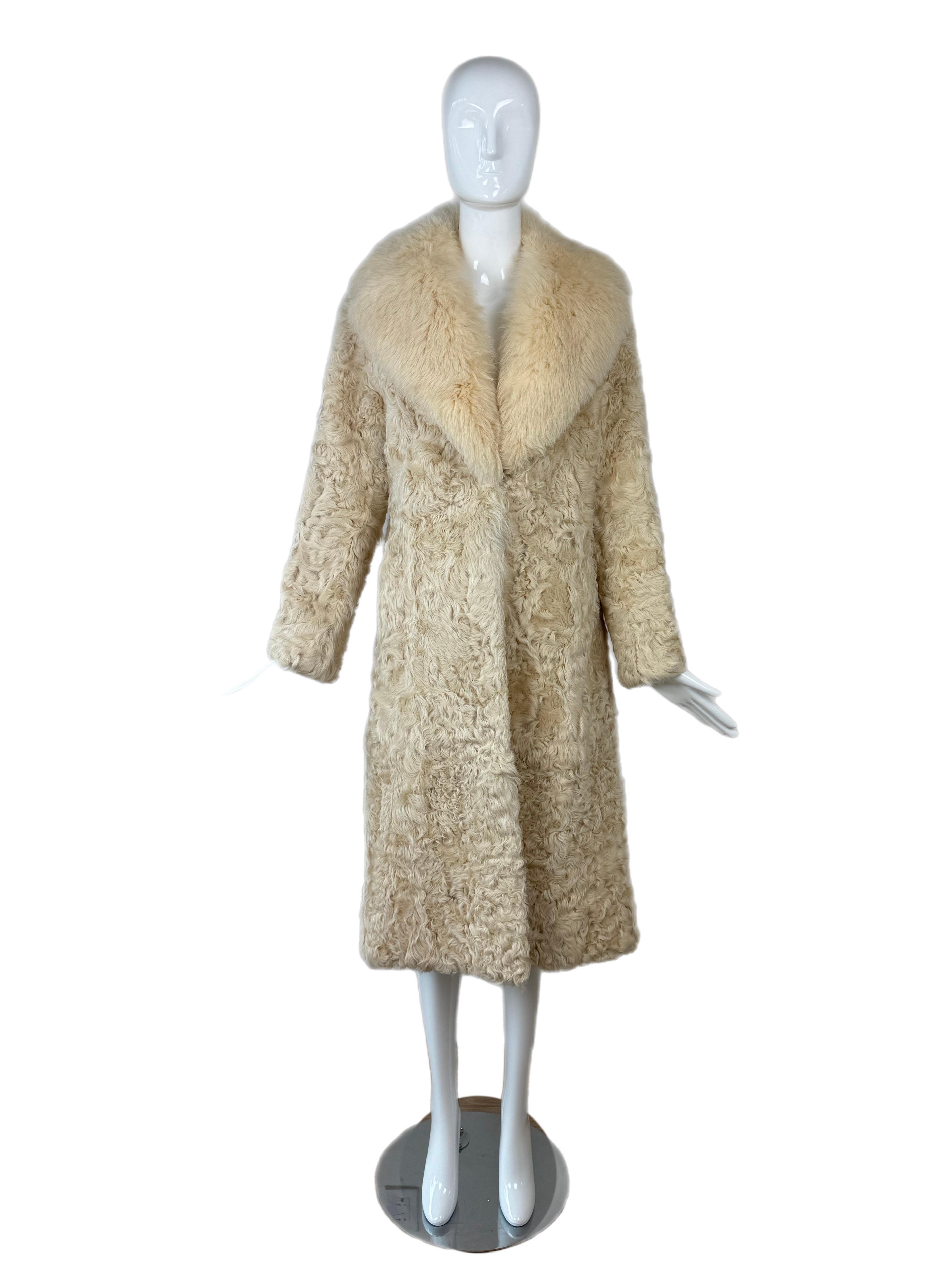 Women's ADRIENNE LANDAU Vintage Vanilla Curly Lamb + Fox Fur Belted Coat For Sale
