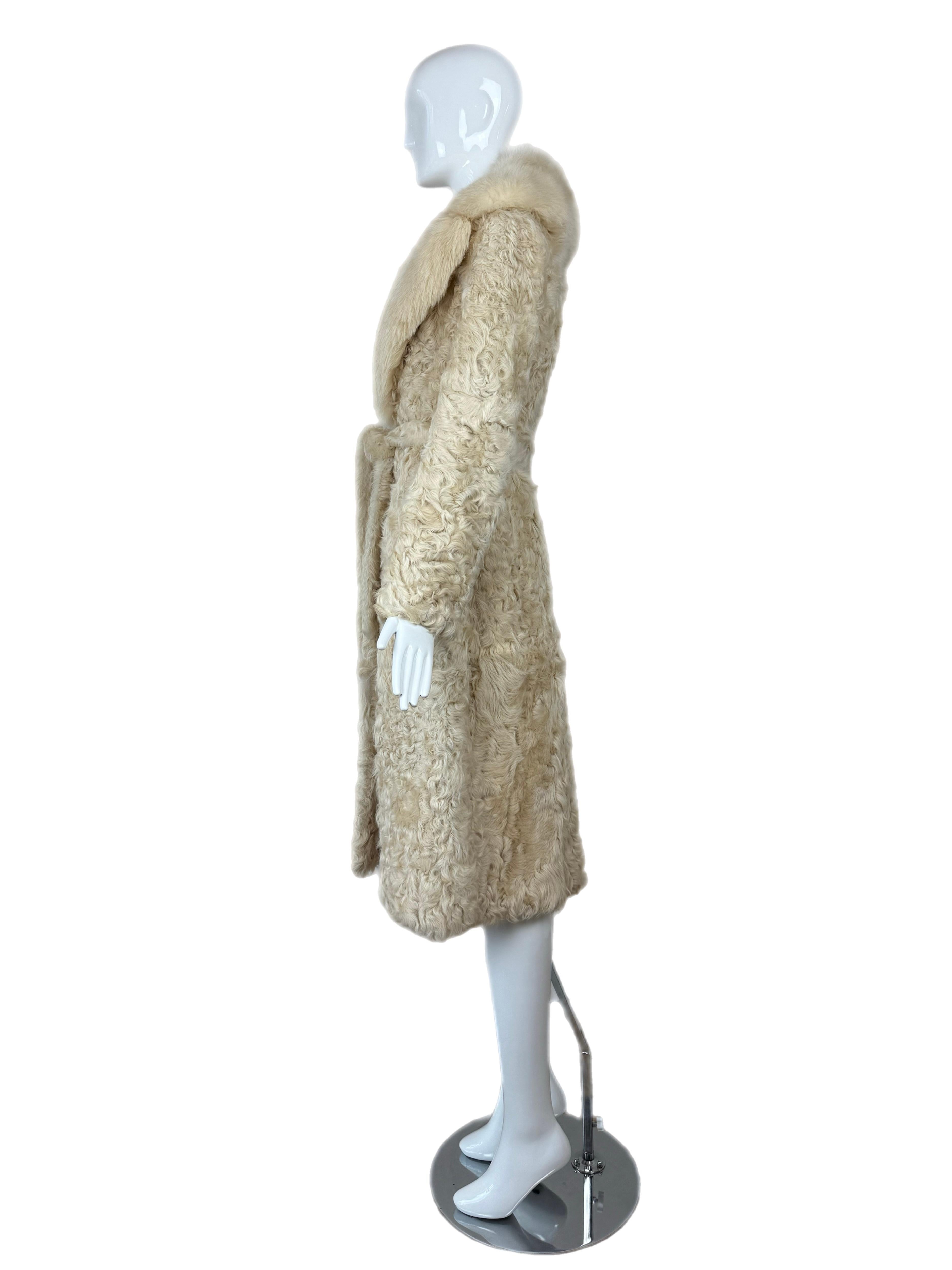 ADRIENNE LANDAU Vintage Vanilla Curly Lamb + Fox Fur Belted Coat For Sale 1