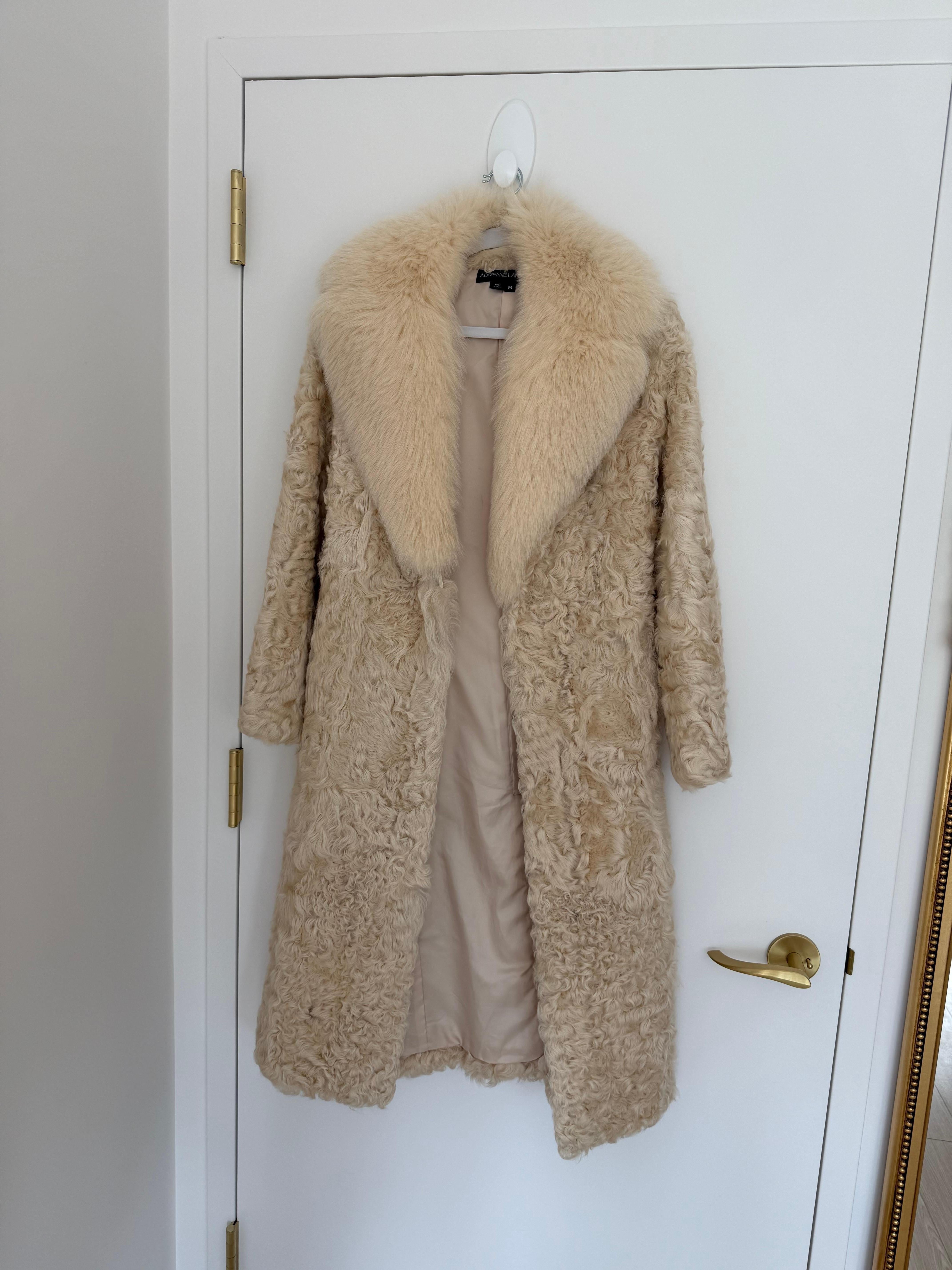 ADRIENNE LANDAU Vintage Vanilla Curly Lamb + Fox Fur Belted Coat For Sale 2