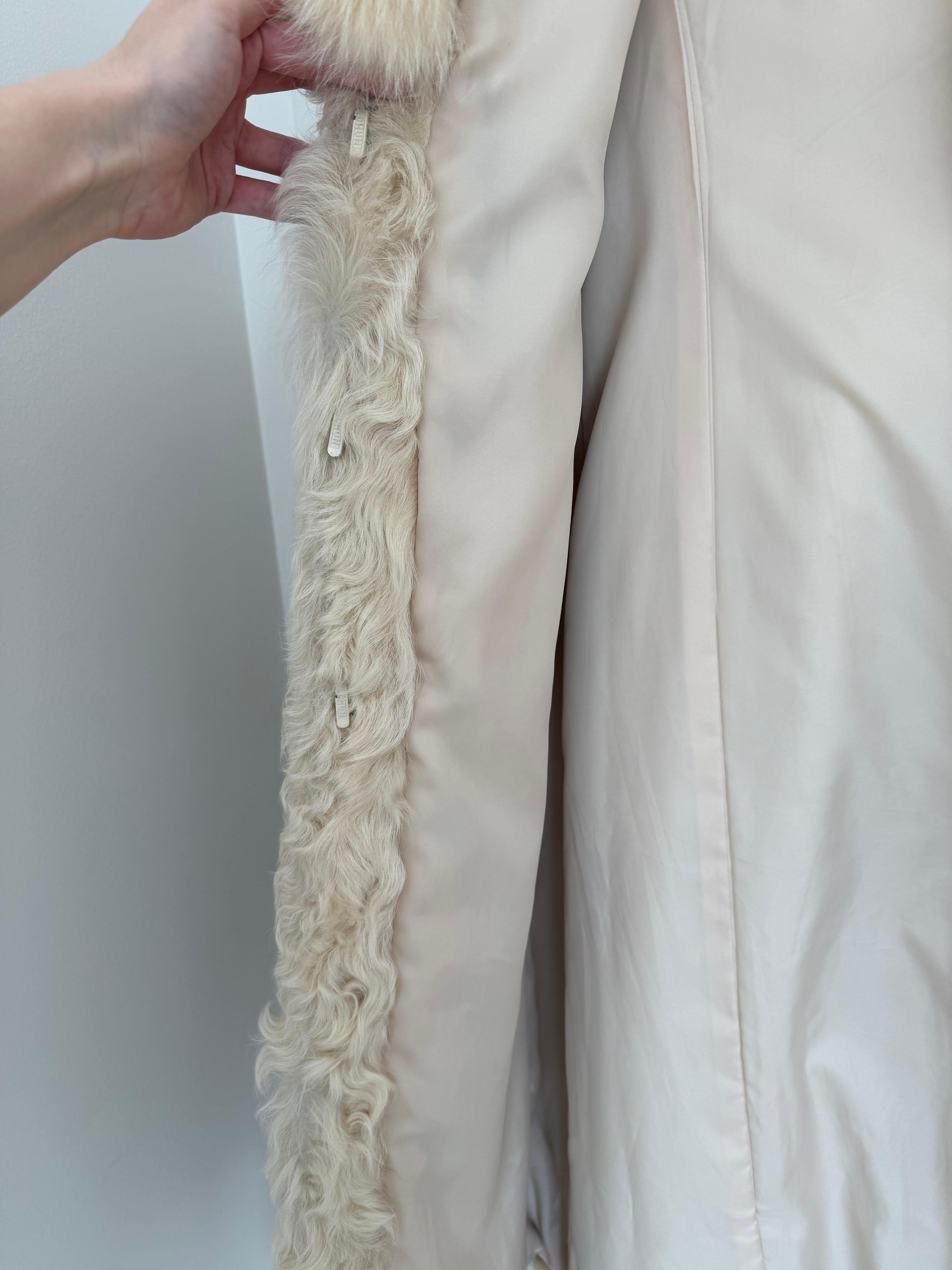 ADRIENNE LANDAU Vintage Vanilla Curly Lamb + Fox Fur Belted Coat For Sale 3