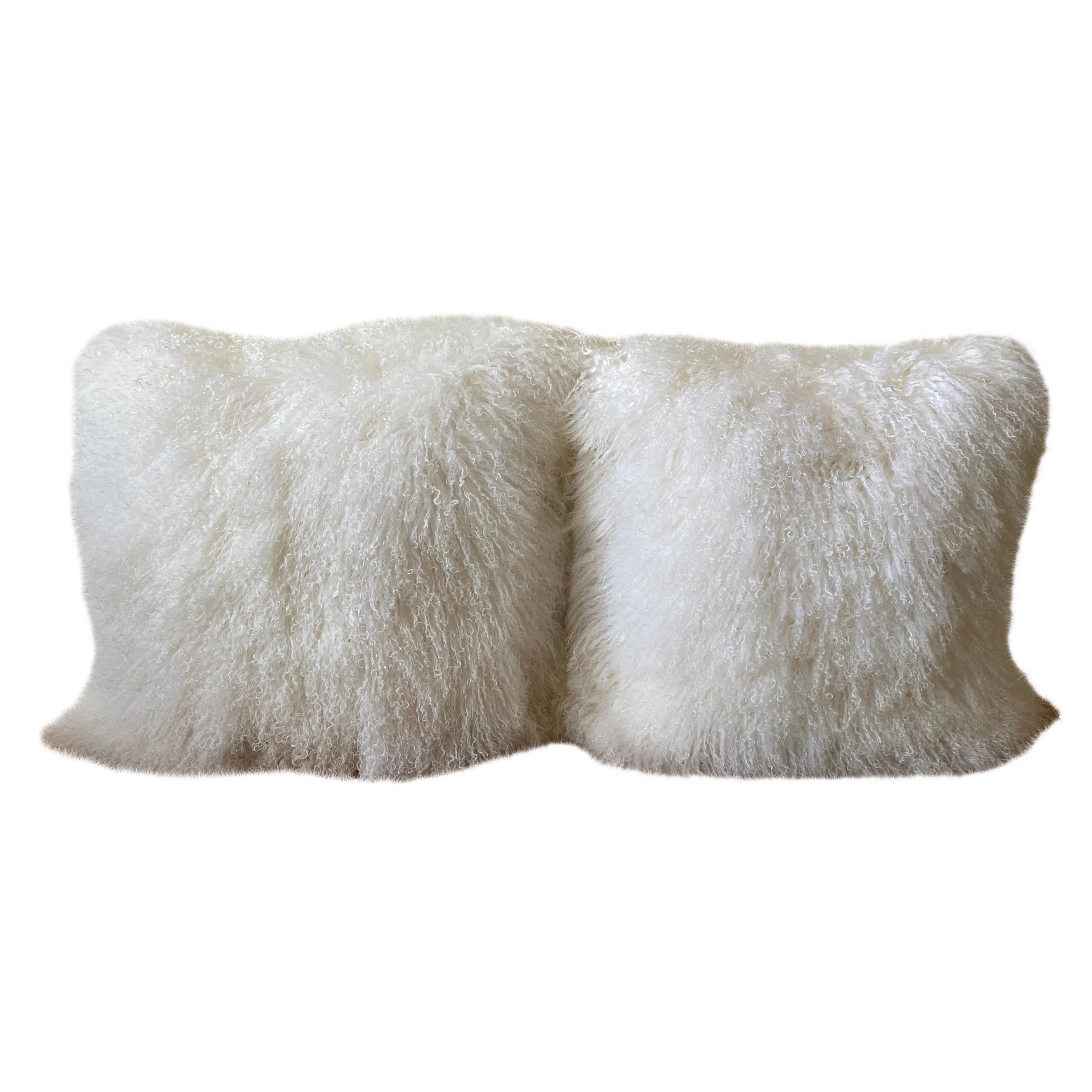 Adrienne Landau White Mongolian Lambs Wool Throw Pillows, Pair