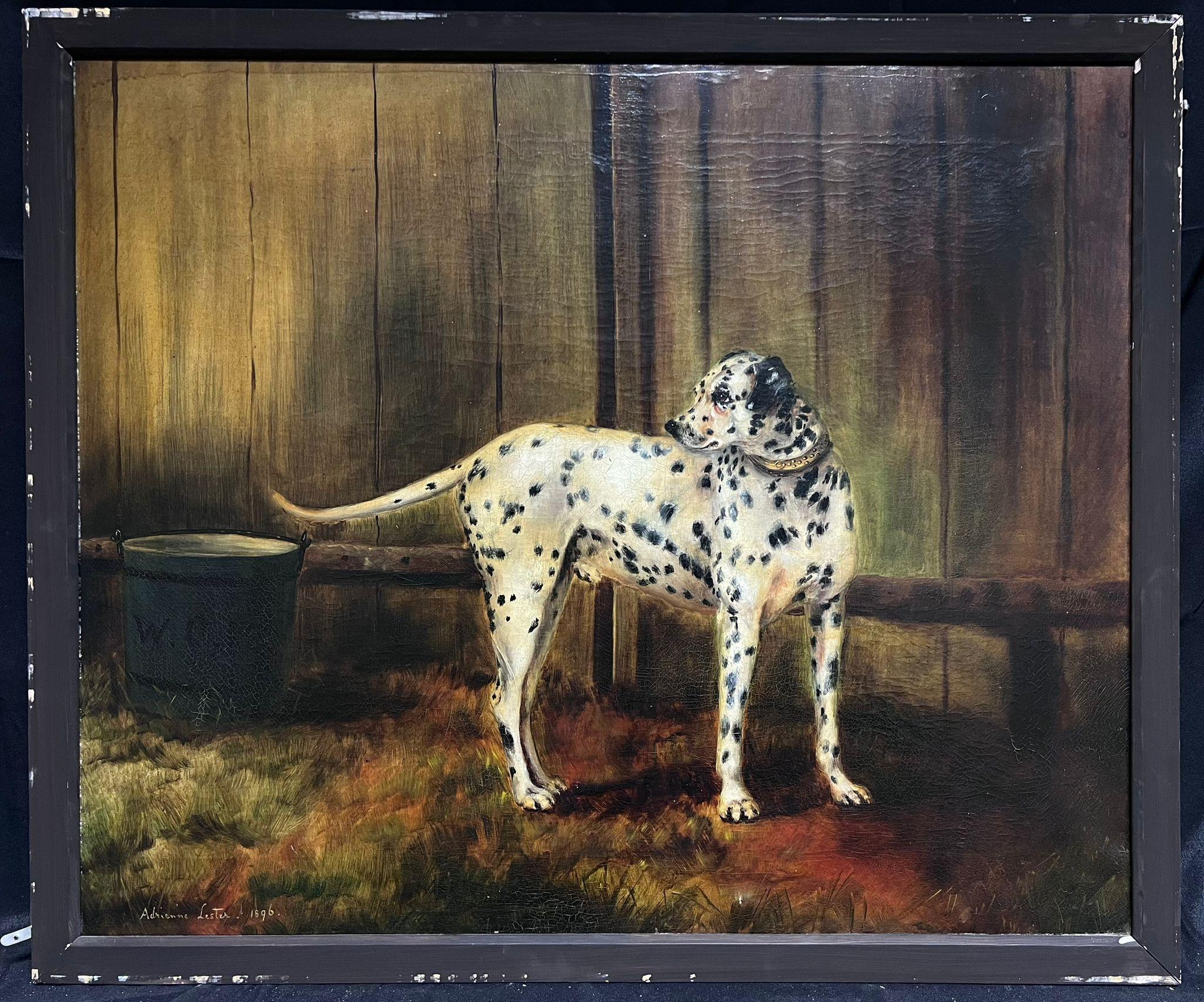 Ancienne peinture à l'huile britannique représentant un portrait de chien Dalmatien, signée et datée de 1896 - Painting de Adrienne Lester