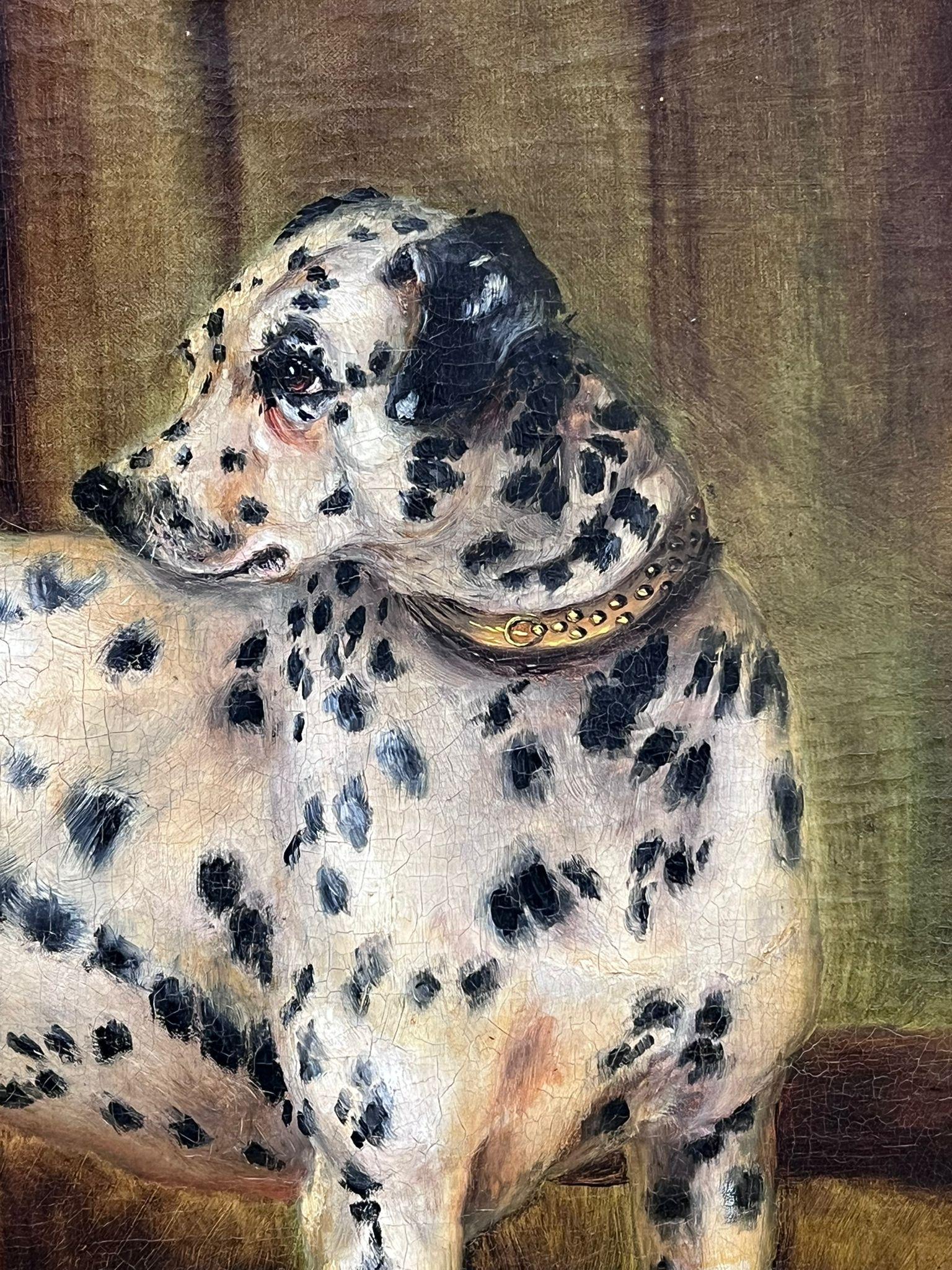 Ancienne peinture à l'huile britannique représentant un portrait de chien Dalmatien, signée et datée de 1896 - Victorien Painting par Adrienne Lester