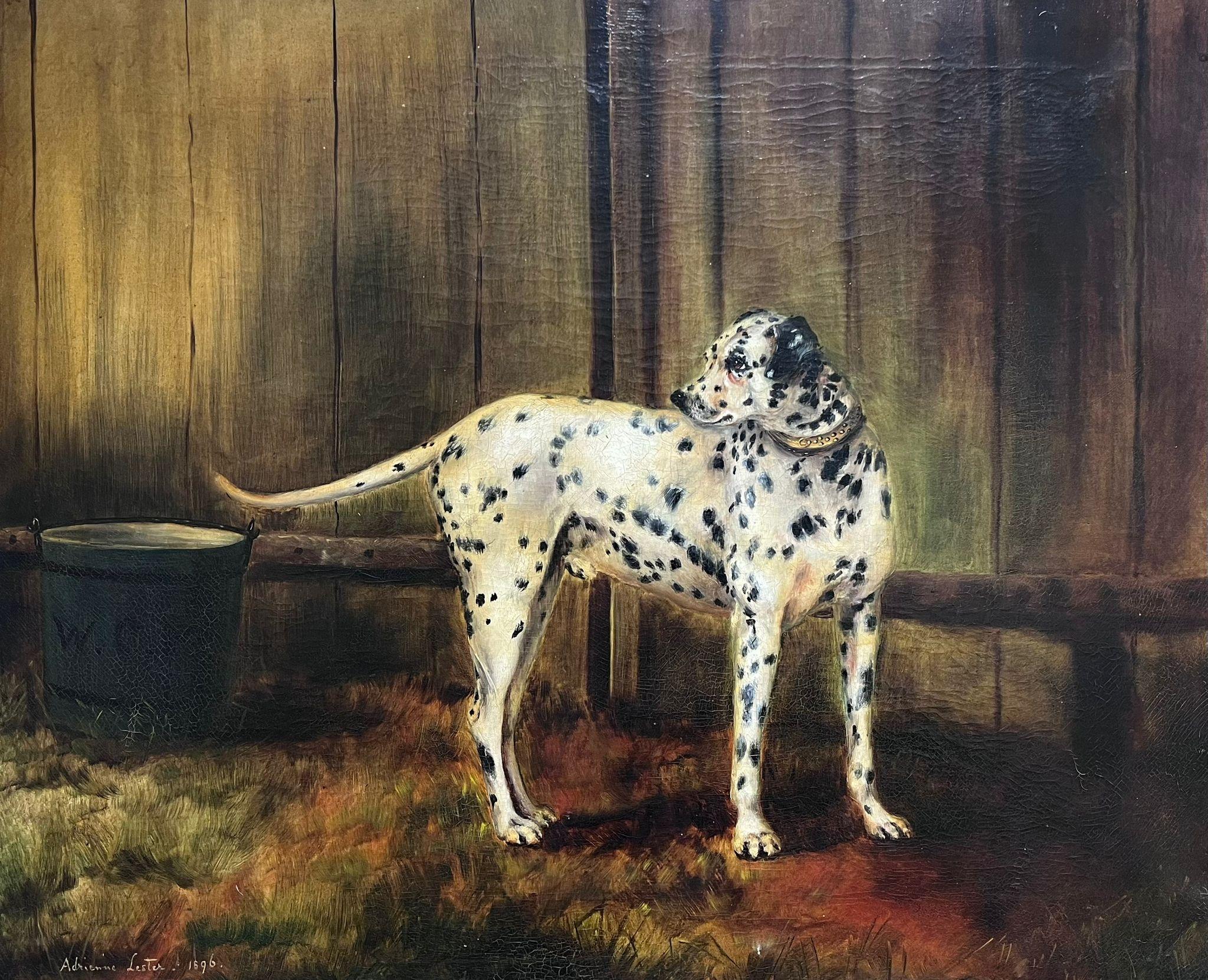 Animal Painting Adrienne Lester - Ancienne peinture à l'huile britannique représentant un portrait de chien Dalmatien, signée et datée de 1896