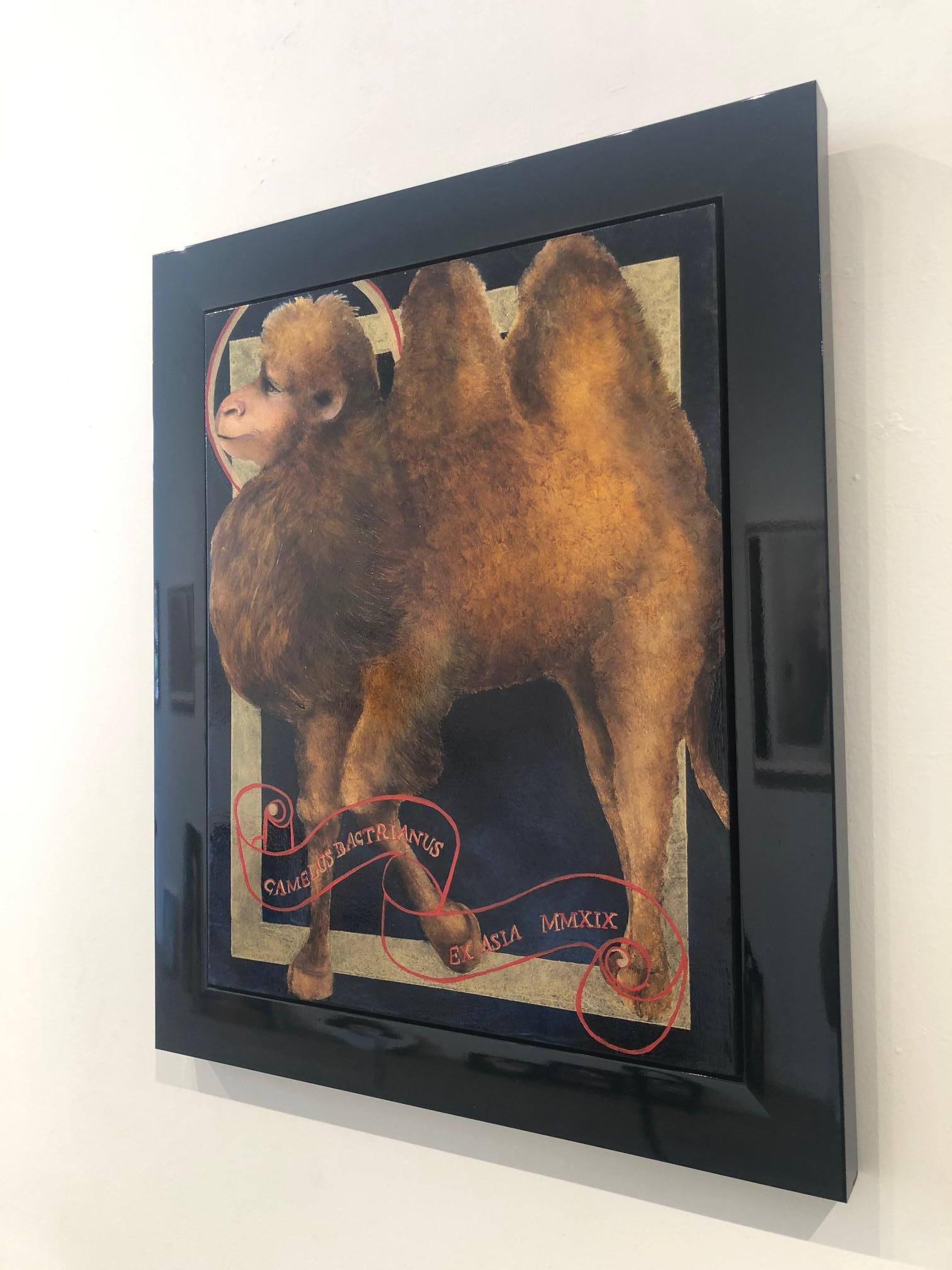 CAMEL - oil and gold leaf on panel with hand lacquered frame.  - Brown Still-Life Painting by Adrienne Sherman