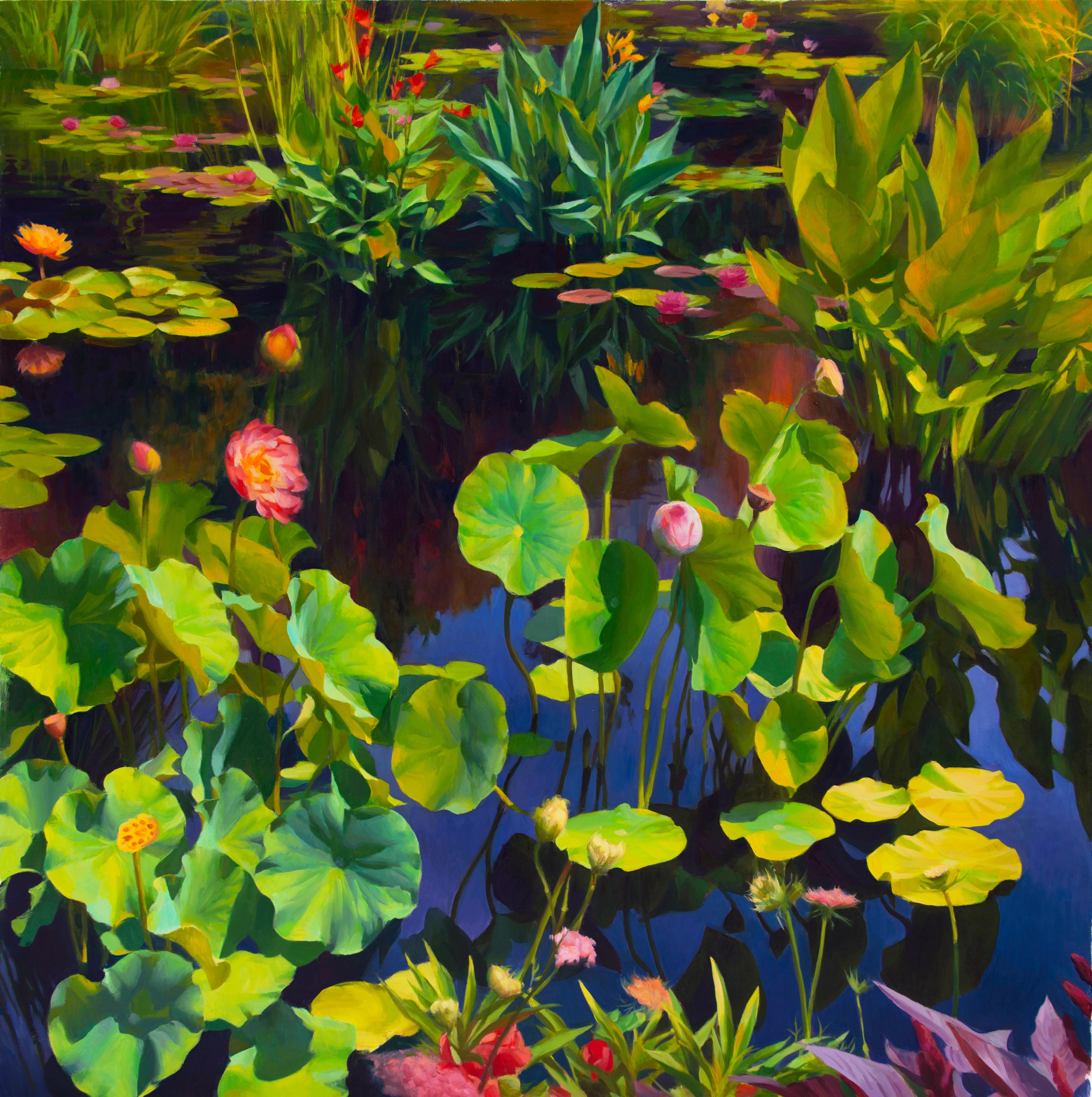 Adrienne Stein Landscape Painting - "July Lotus", Oil Painting