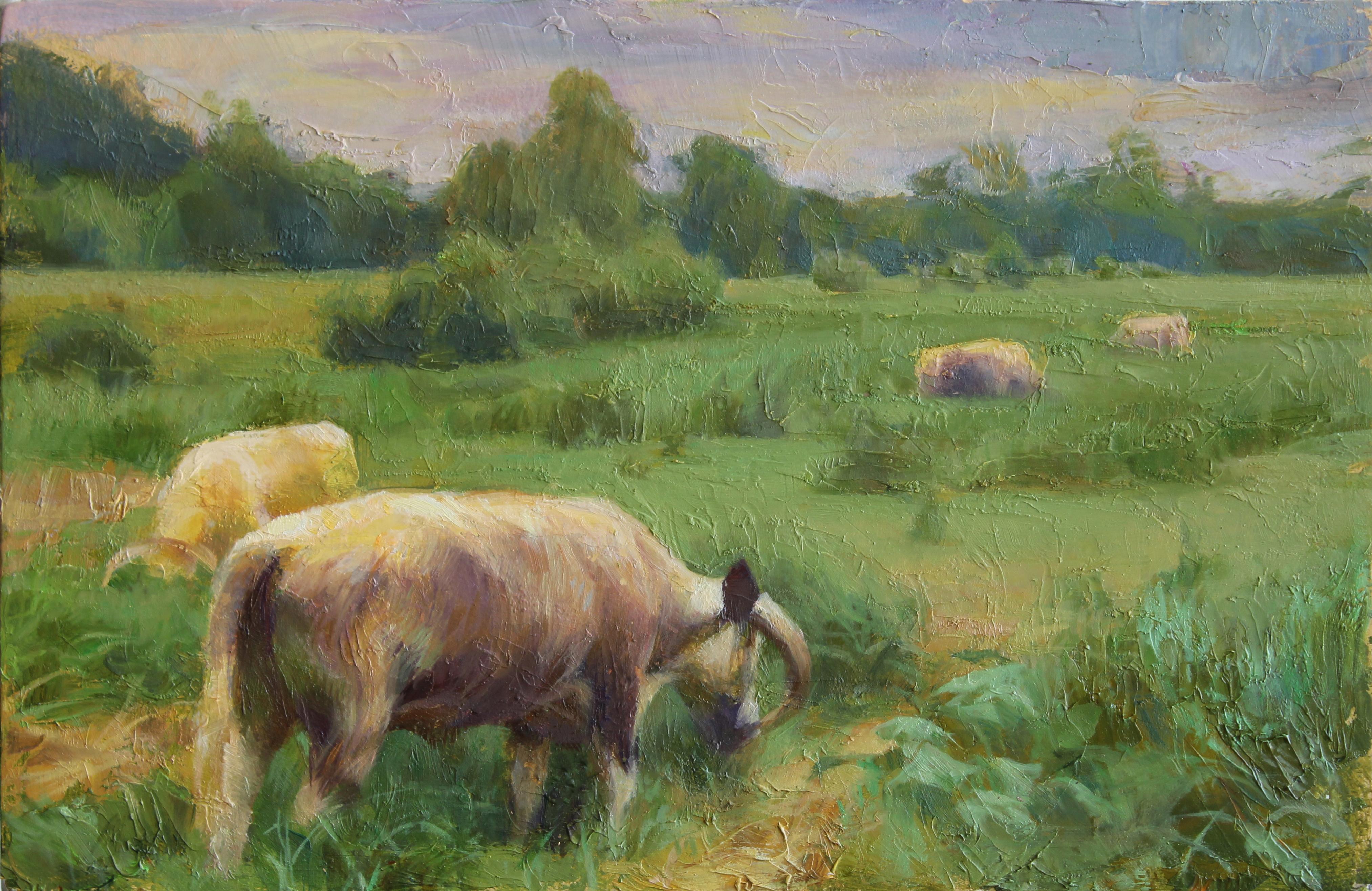 Adrienne Stein Landscape Painting - "Oxford Cattle", Oil Painting