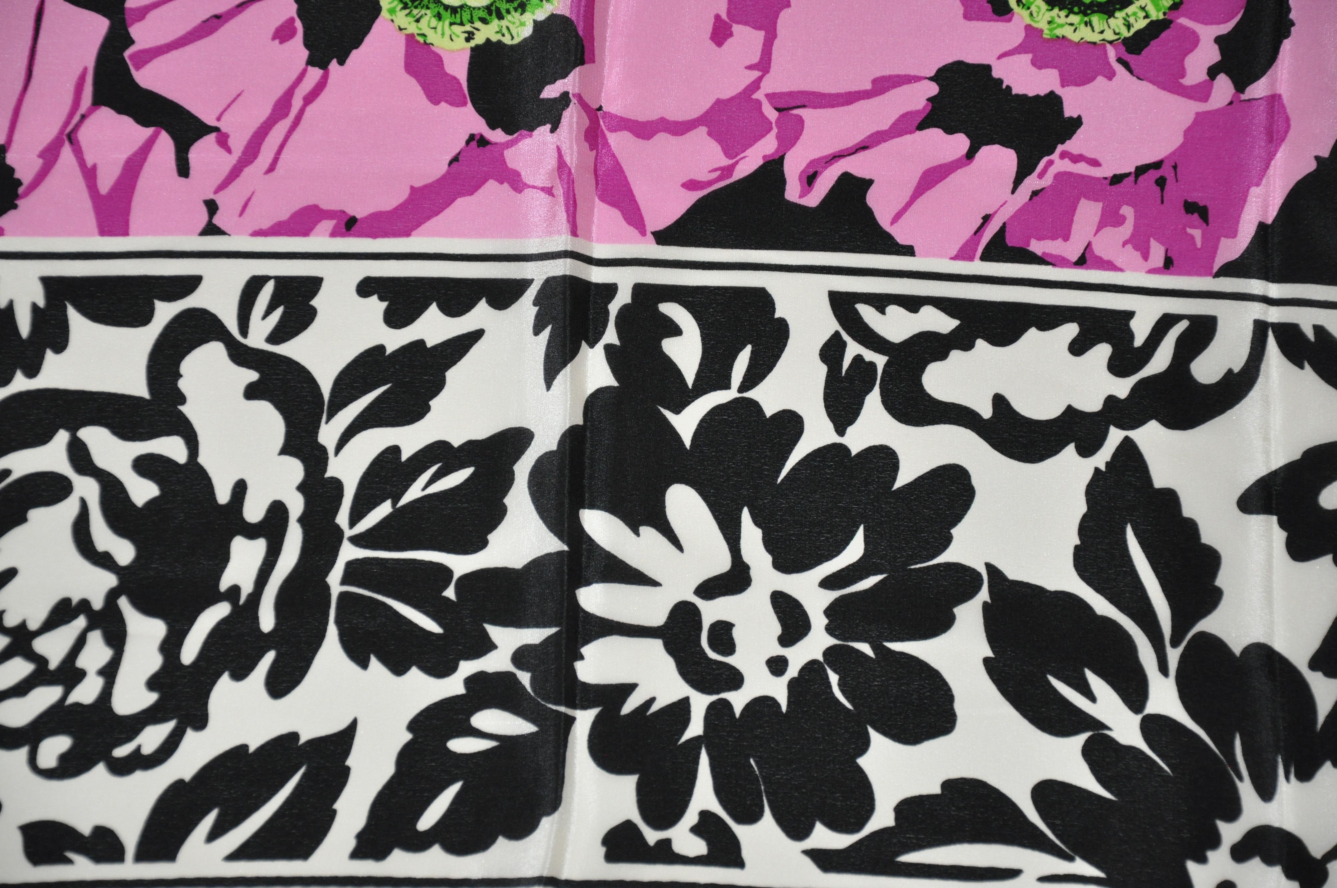 Gray Adrienne Vittadini Elegant Black & White Borders Floral Silk Scarf For Sale