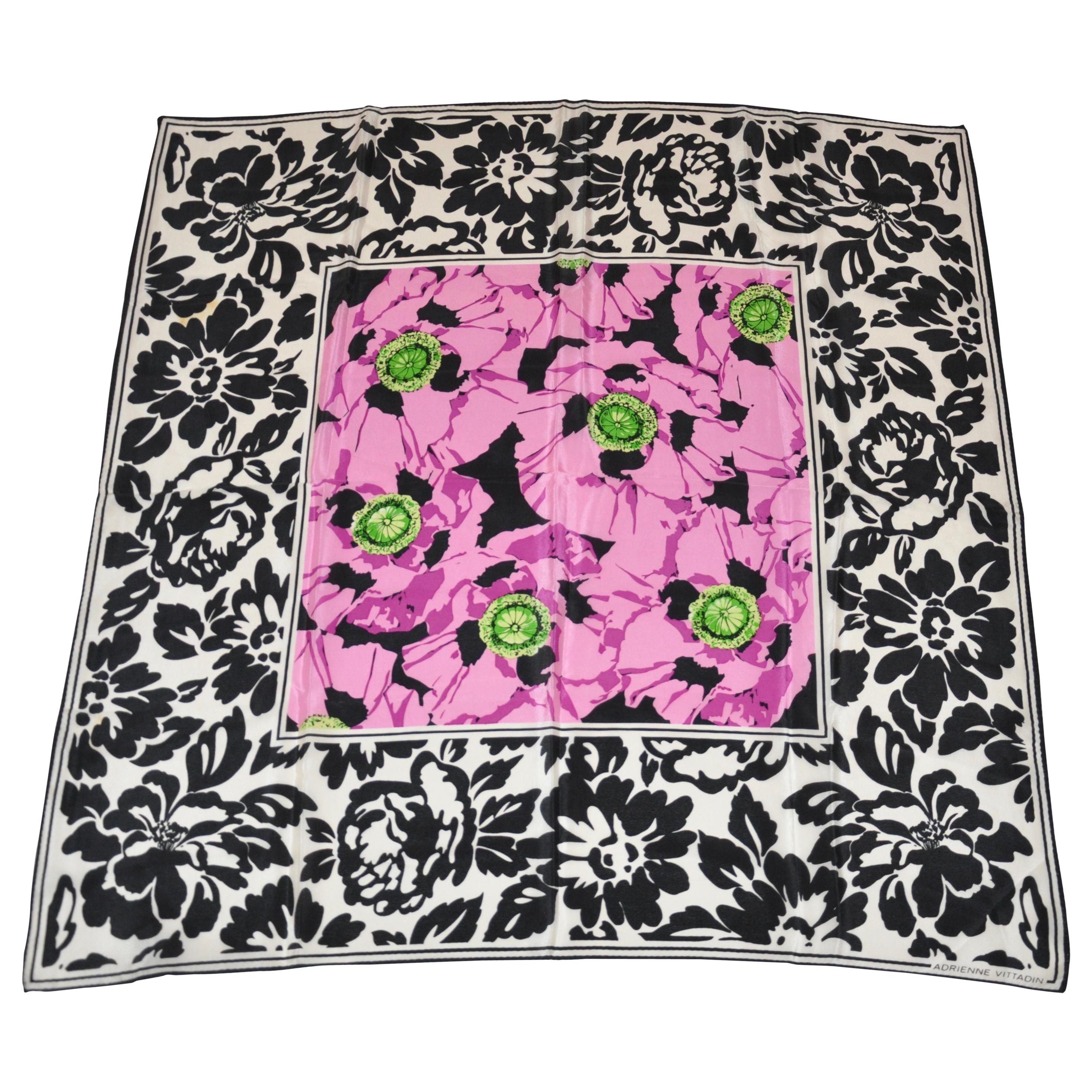 Adrienne Vittadini Elegant Black & White Borders Floral Silk Scarf For Sale