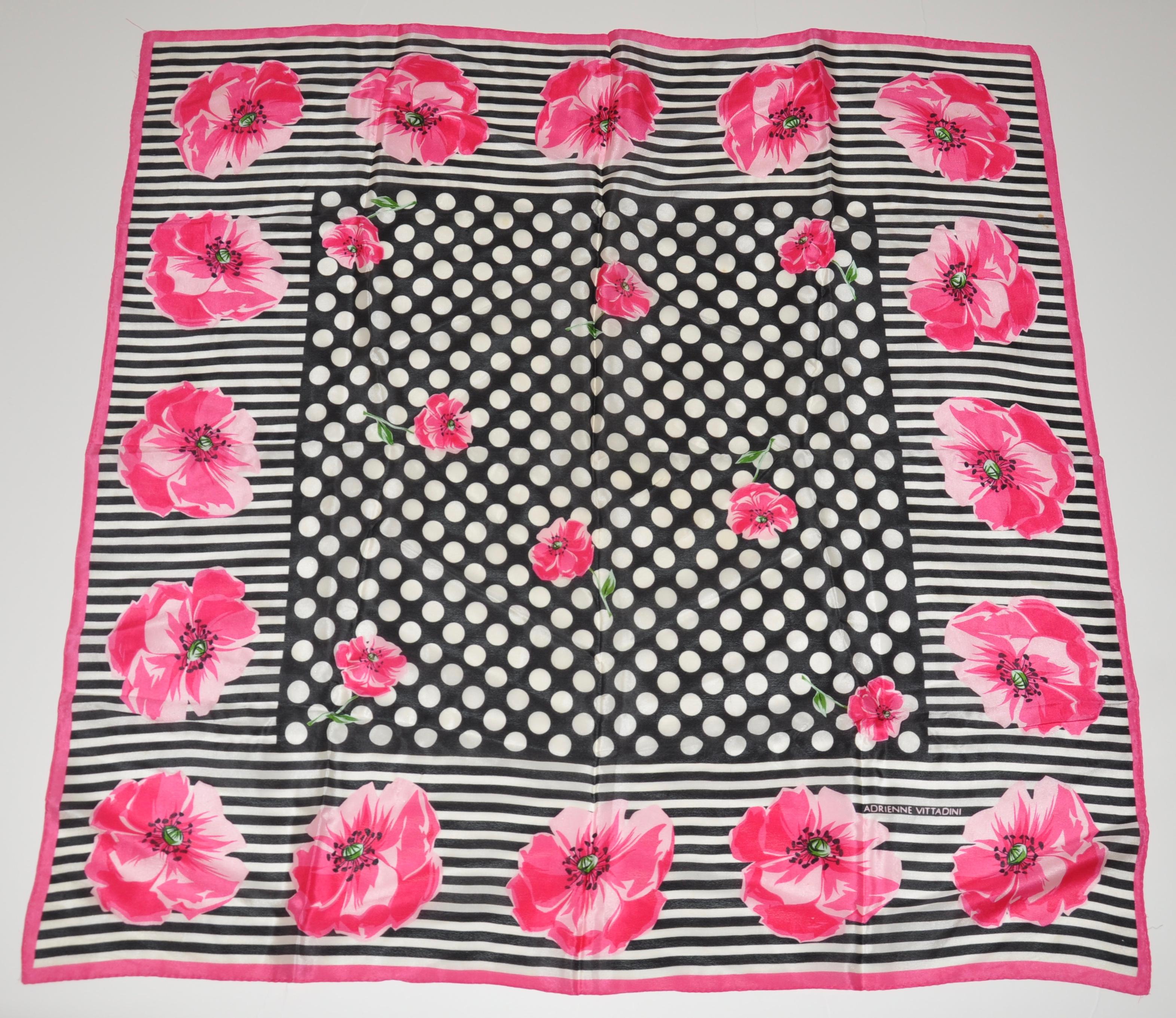 Adrienne Vittadini Popping Fuchsia Florals Among Black & White Silk Scarf In Good Condition For Sale In New York, NY