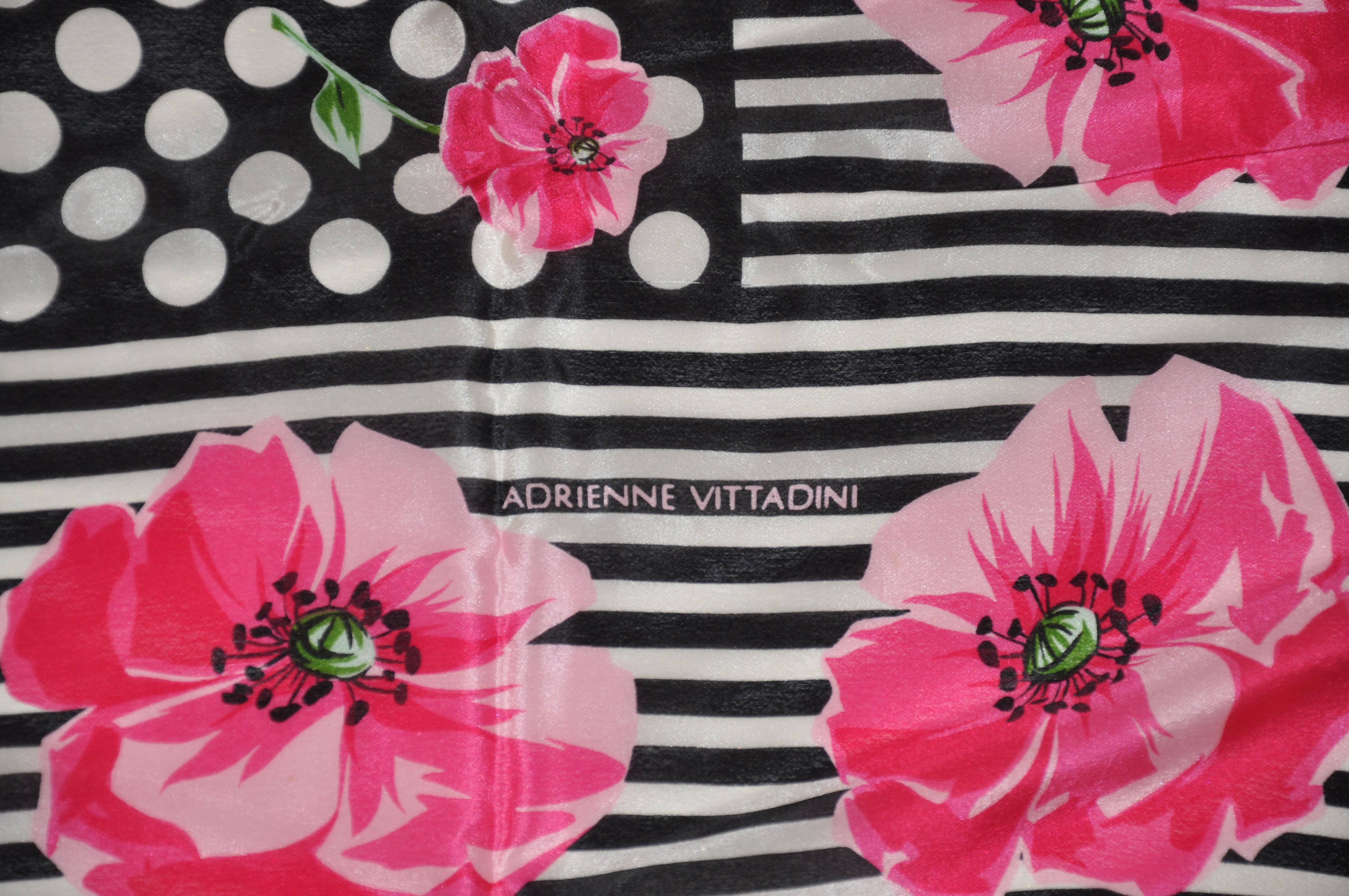 Adrienne Vittadini Popping Fuchsia Florals Among Black & White Silk Scarf For Sale 1