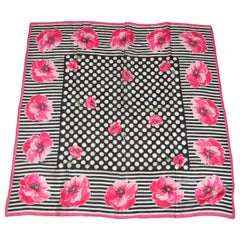 Vintage Adrienne Vittadini Popping Fuchsia Florals Among Black & White Silk Scarf