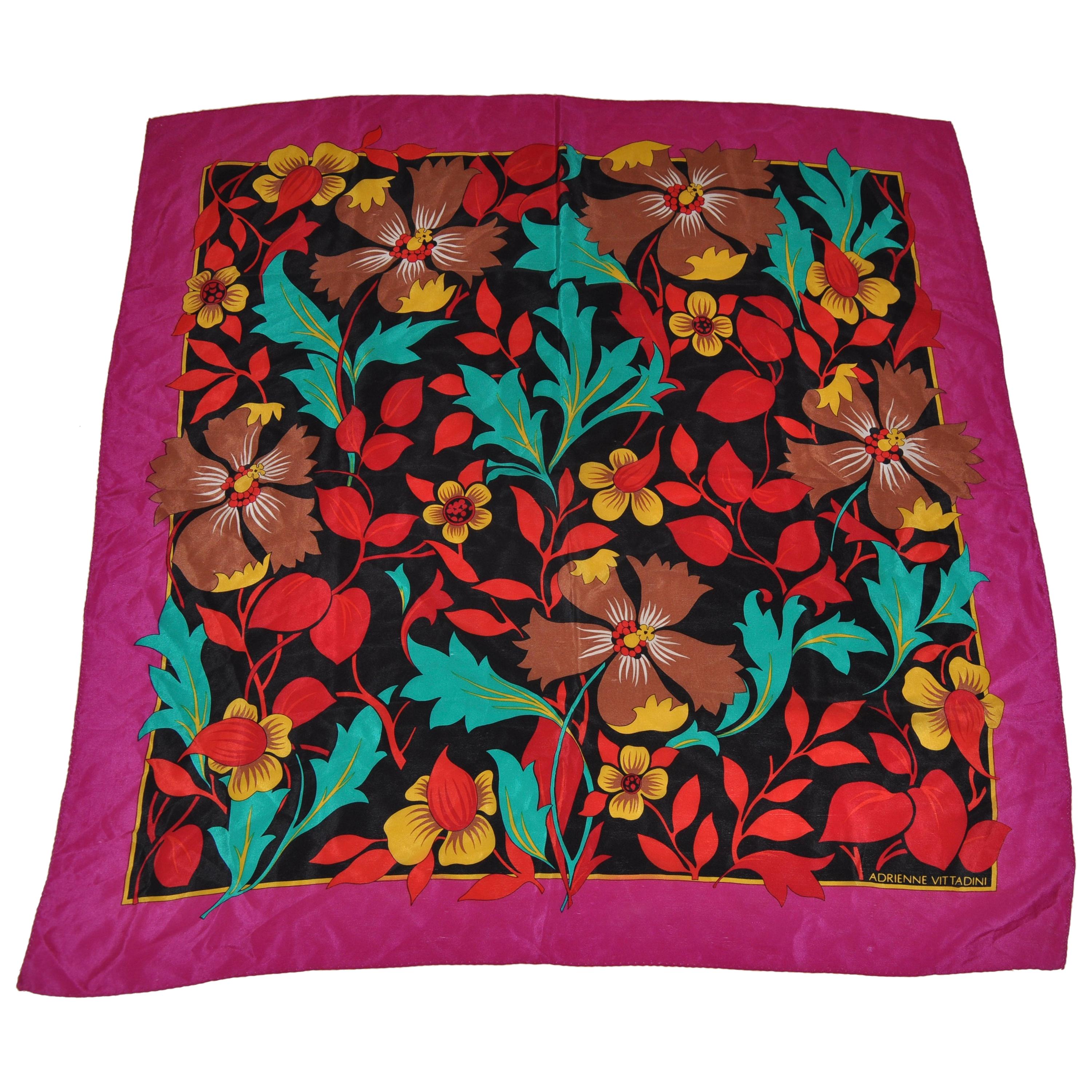 Adrienne Vittadini Violet Border With Eye-Popping Jungle Floral Silk Scarf For Sale