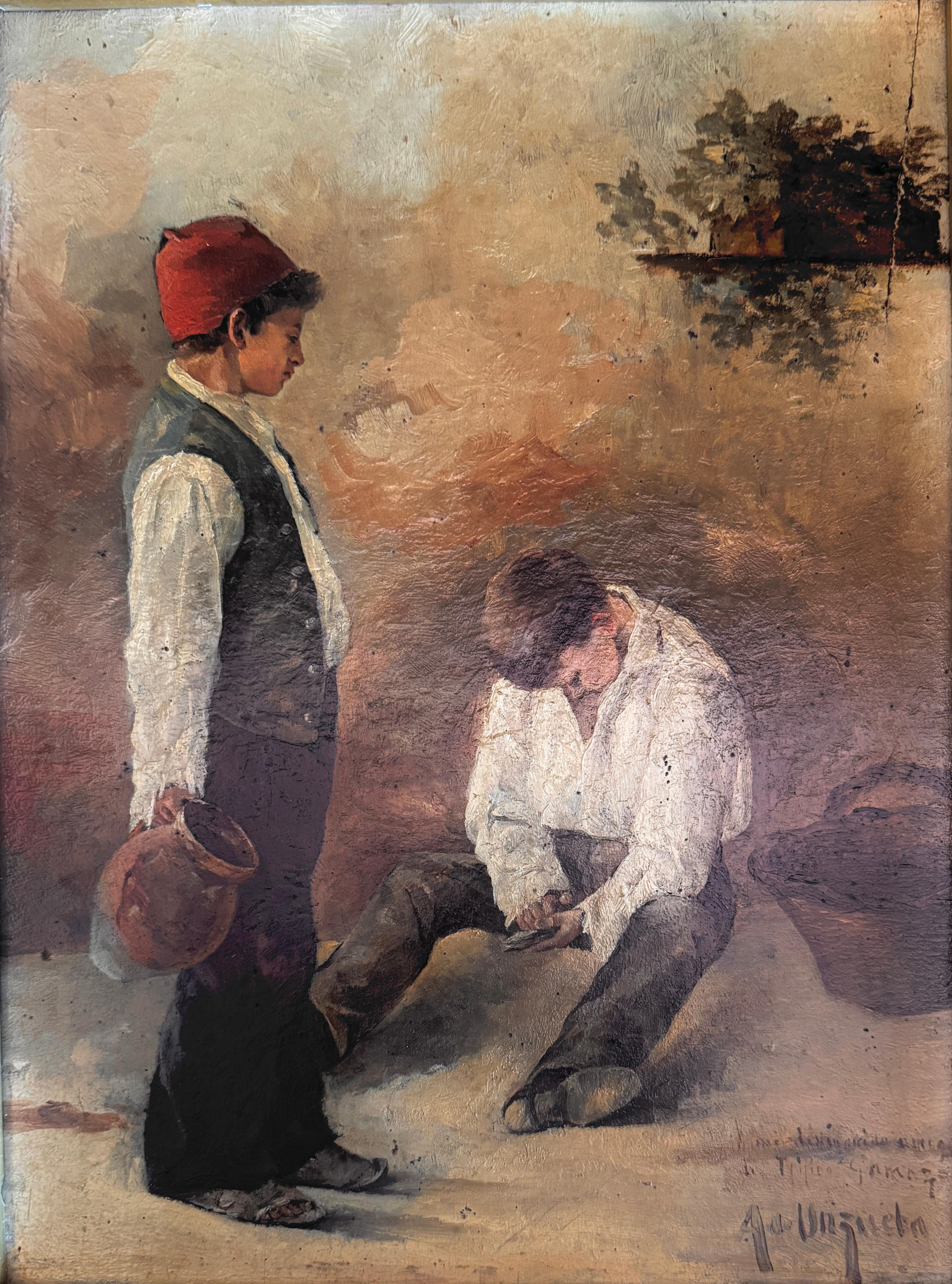 Young Peasants at Rest oil on board painting - Painting by Adrián de Unzueta