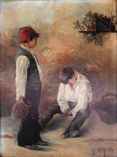 Young Peasants at Rest, Oil on Board, Academic Style, Signed, 1890s