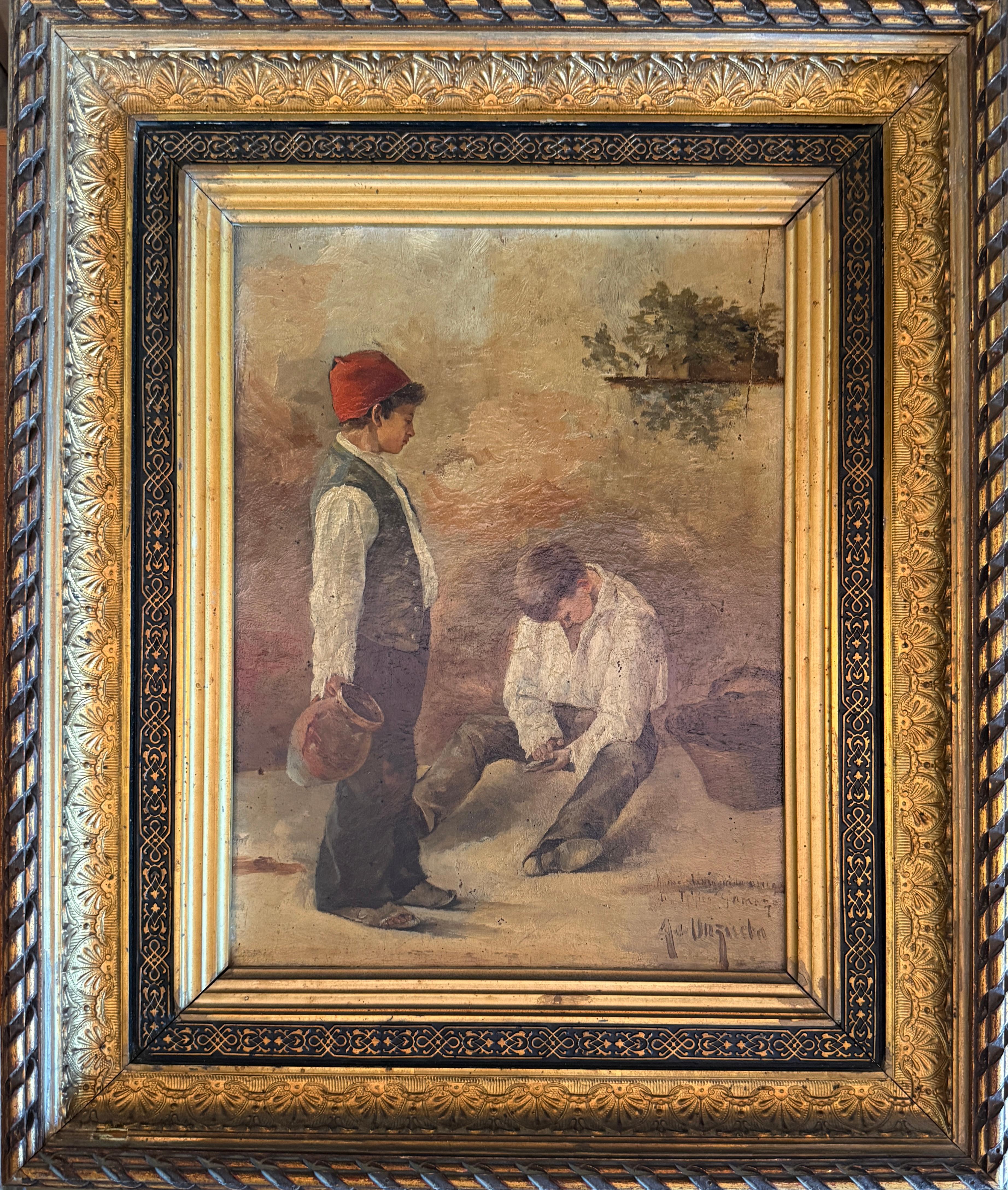 Adrián de Unzueta Figurative Painting - Young Peasants at Rest oil on board painting