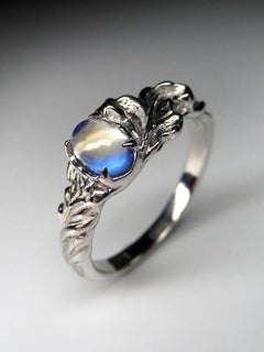 Adularia Moonstone Silver Ring Cabochon Blue Natural Certificate Gemstone