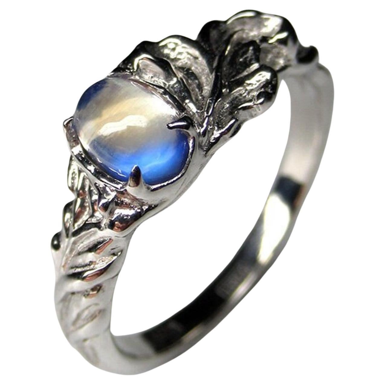 Adularia Moonstone Silver Ring Cabochon Blue Natural Certificate Gemstone
