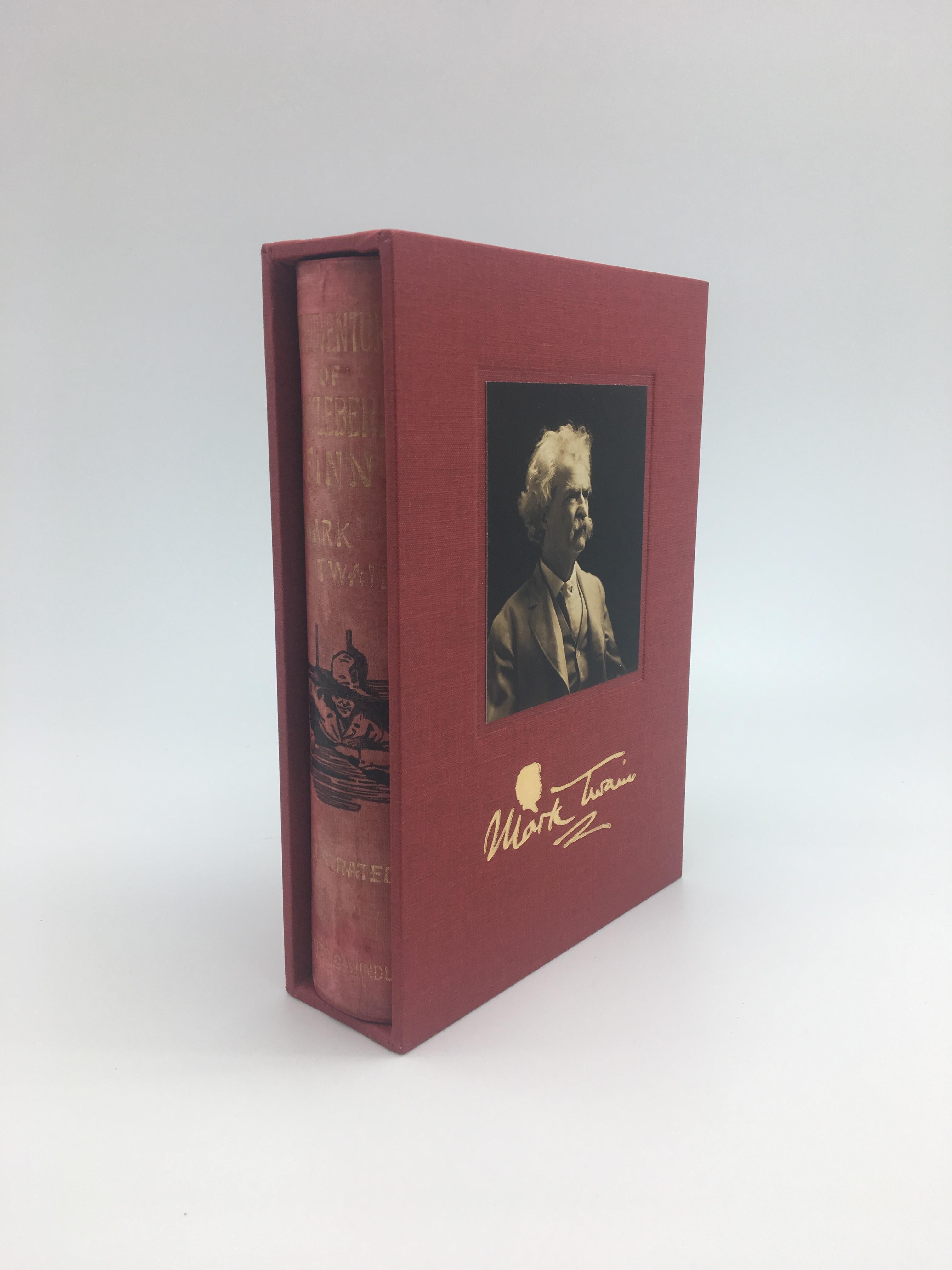 Twain, Mark. The Adventures of Huckleberry Finn (Tom Sawyer’s Comrade). London: Chatto & Windus, 1884. First UK edition, first issue. Octavo, original gilt and black-stamped red pictorial cloth. With 174 illustrations by Edward Kemble. 

This is