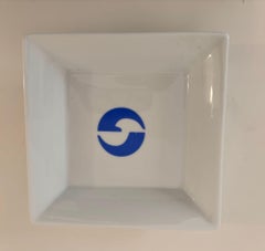 Advertising French Limoges Ceramic White with a Blue Logo Catchall Ashtray