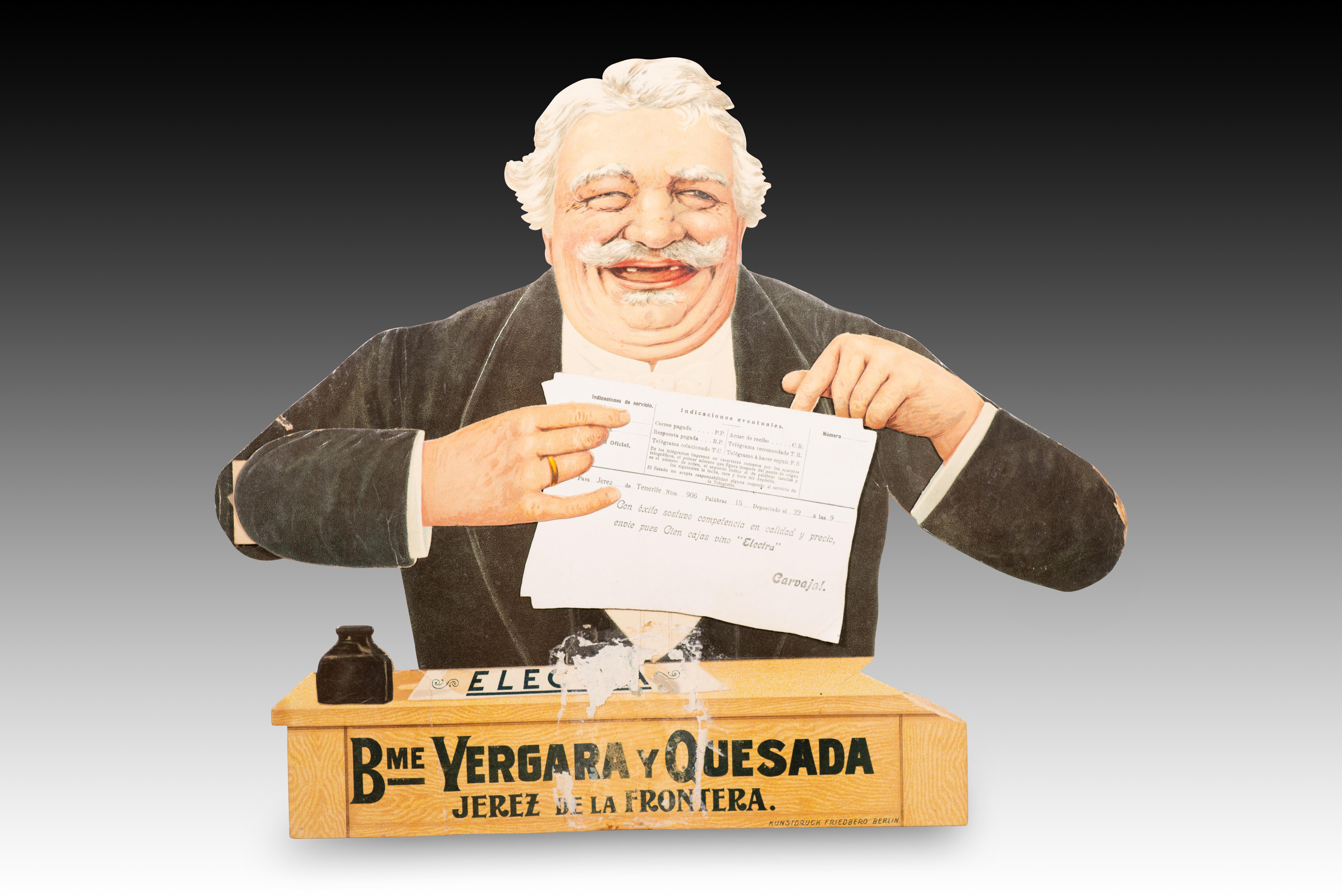Werbeplakat, Bme Vergara y Quesada, Jerez de la Frontera, Electra Wein. Pappe. Berlin, erste Hälfte des 20. Jahrhunderts.
 Sie ist beschädigt.
 Werbeplakat für die Firma (vielleicht Bartolomé) Vergara y Quesada de Jerez de la Frontera, das den