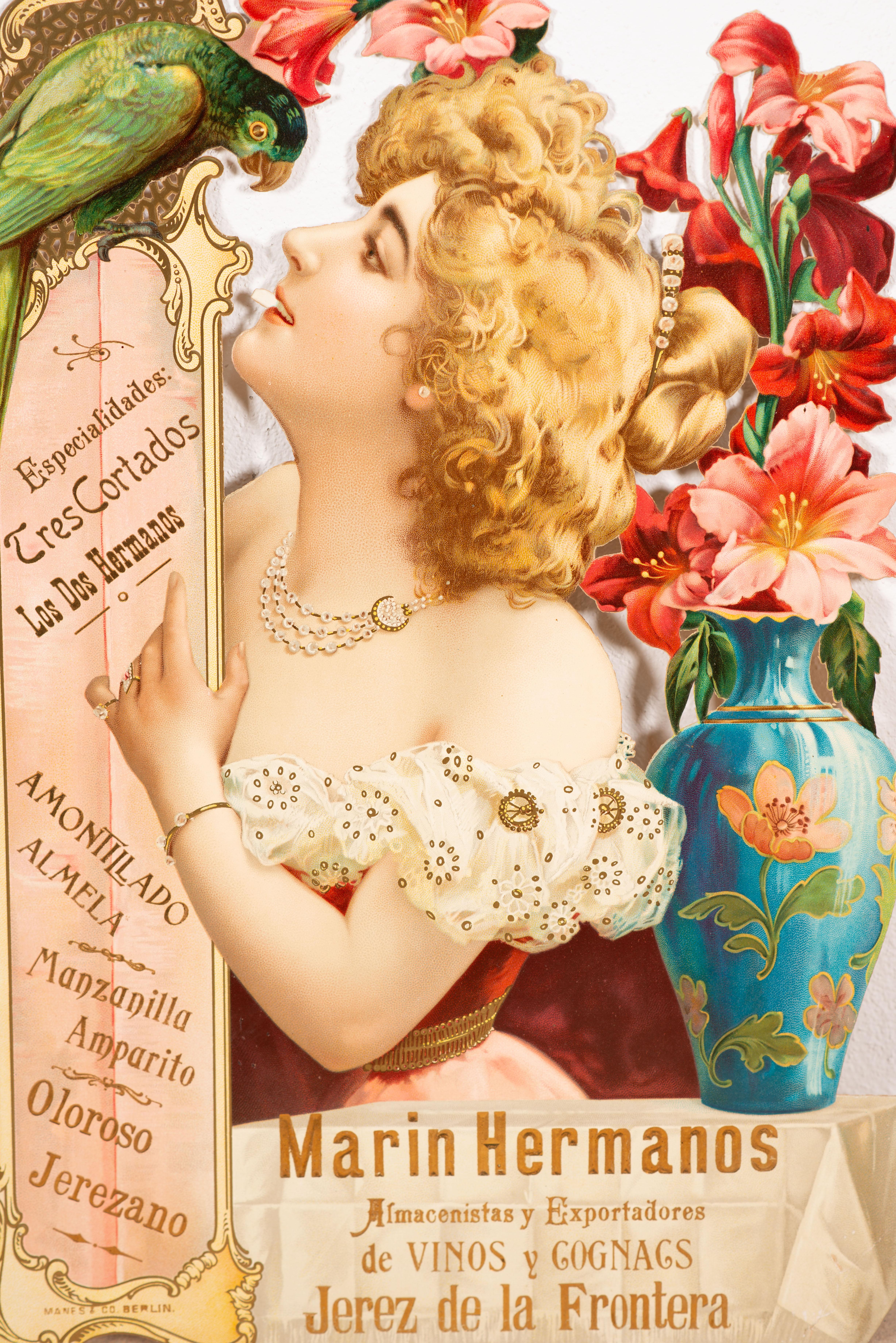 Werbeplakat, Gebrüder Marín, Lagerhalter und Exporteure von Weinen und Cognacs, Jerez de la Frontera. Pappe. Berlin, erste Hälfte des 20. Jahrhunderts. 
Die Casa Marín Hermanos wurde 1896 von Vicente und José María gegründet, die zuvor als Verkäufer