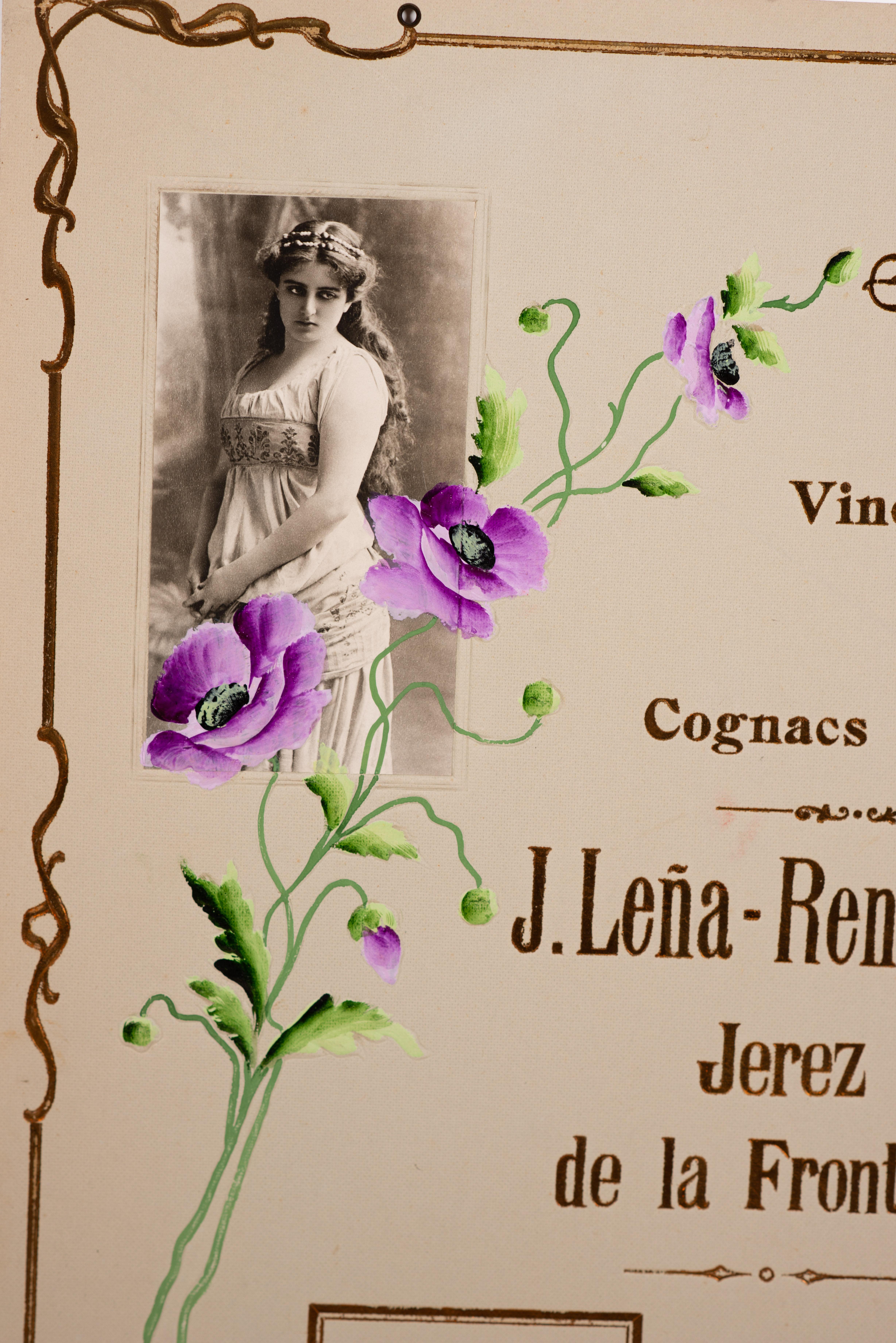 Werbeplakat, J. Leña-Rendon und Co, Exporteure von edlen Weinen und Traubencognacs, Jerez de la Frontera. Pappe. Berlin, erste Hälfte des 20. Jahrhunderts. 
J. Leña Rendón & Cia. wurde 1885 gegründet und war bereits für den Cognac Gayarre bekannt,