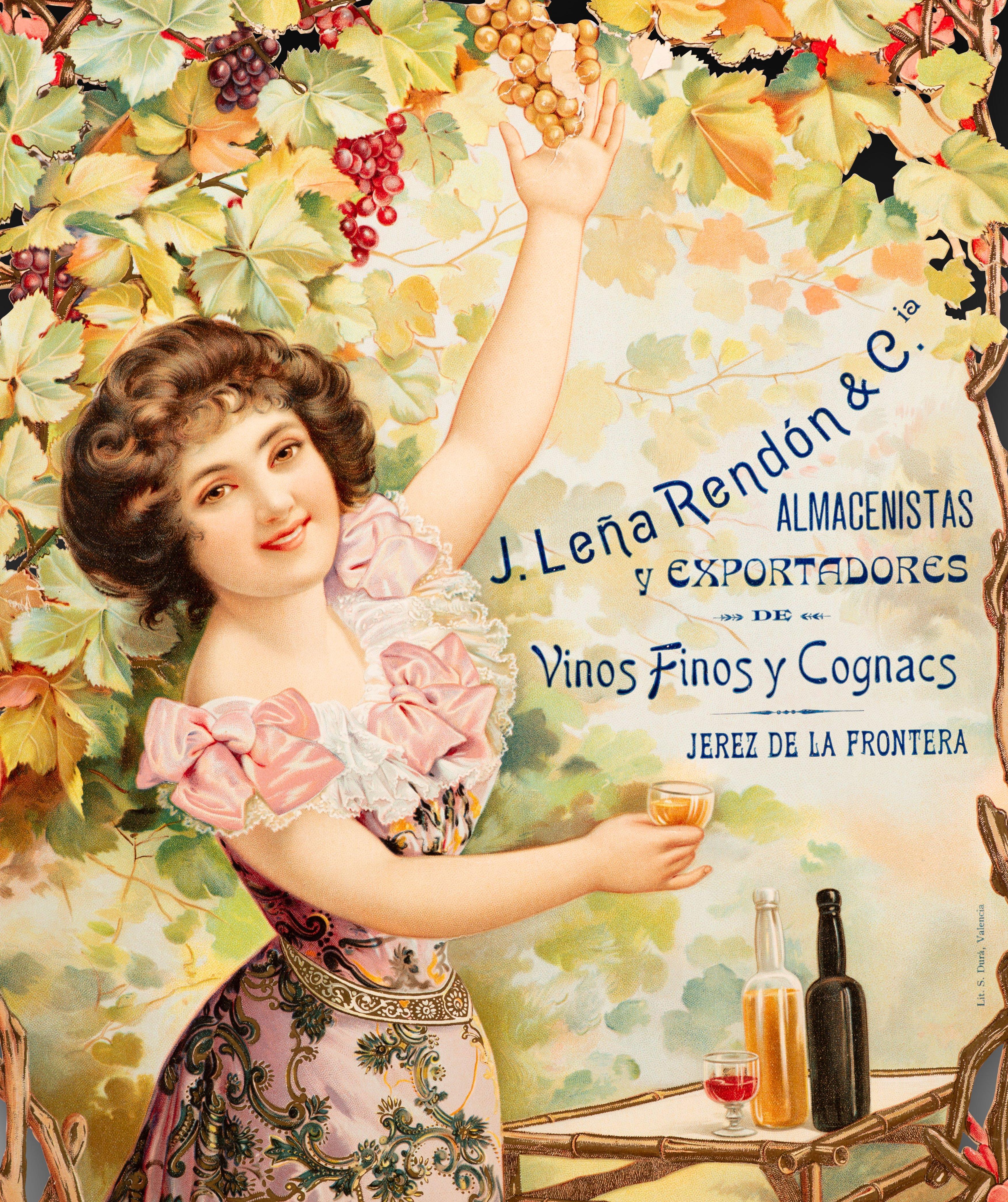 Cartel publicitario, J. Leña Rendón & Co. Almacenistas y Exportadores de Vinos Finos y Coñacs, Jerez de la Frontera. Cartón. Valencia, España, primera mitad del siglo XX. 
Cartel publicitario impreso en Valencia por LIt. S. Durá para la empresa, J.