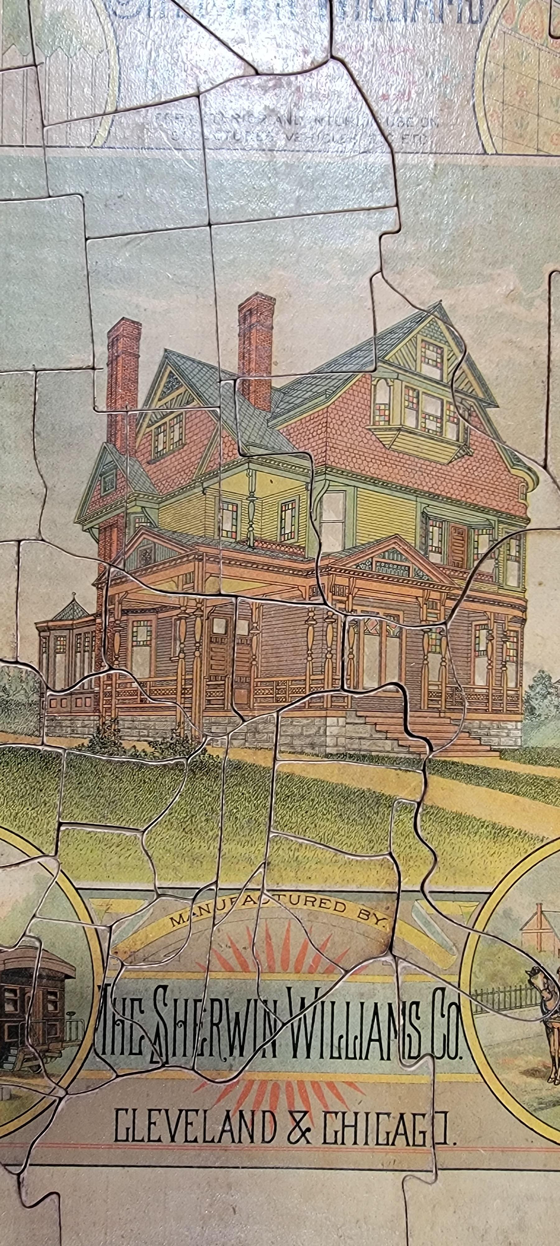 A cardboard advertising puzzle for Sherwin Williams Paint, circa 1883. All original pieces intact. Reverse of puzzle has map of United States. Features advertising for quick dry paint for coaches, house paint, fresco colors and railway colors. Image