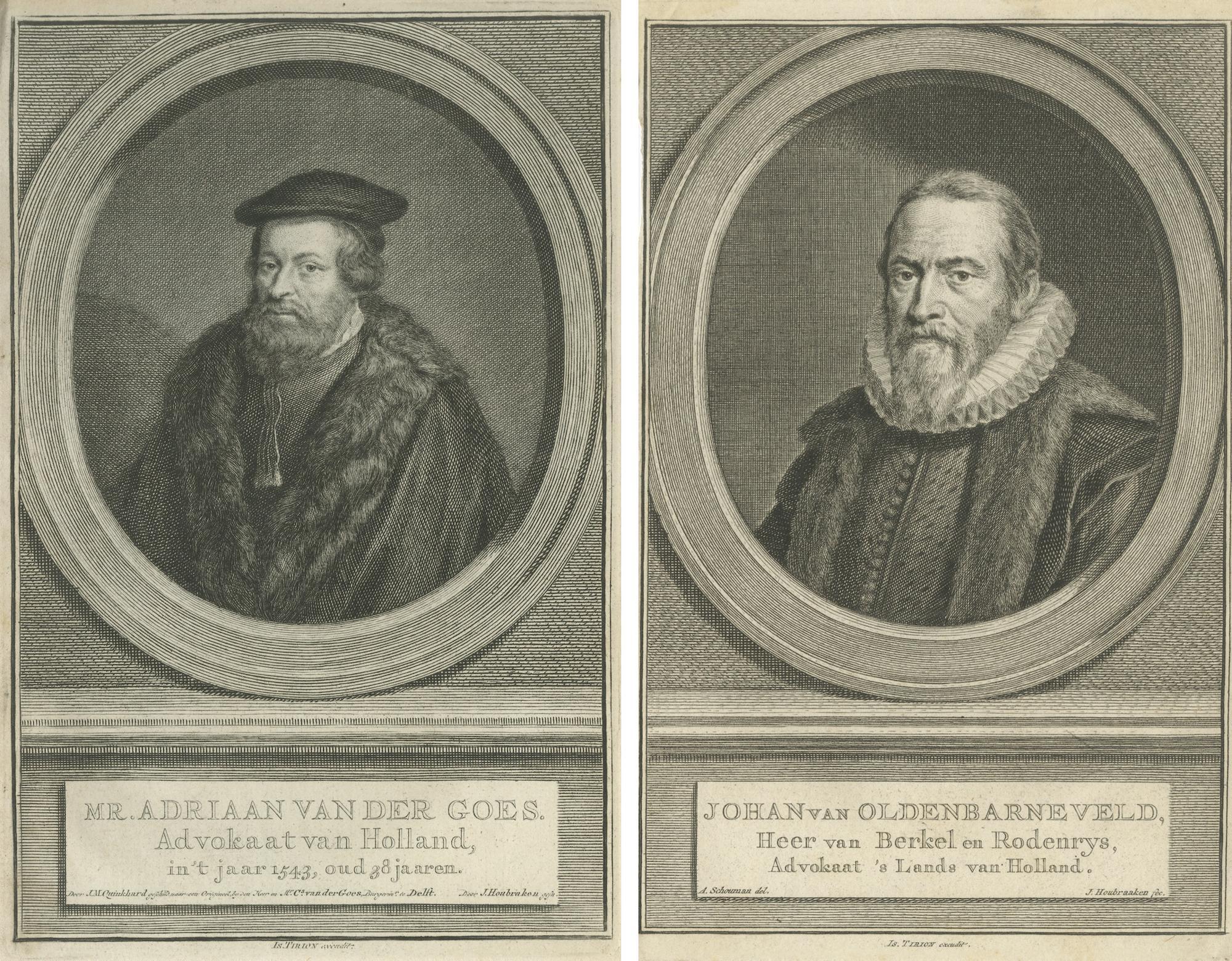 Engraved Advocates of Holland – Adriaan van der Goes and Johan van Oldenbarnevelt, c.1750 For Sale