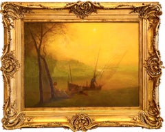 Large impressionist oil painting A family boat trip at sunset, 1920s