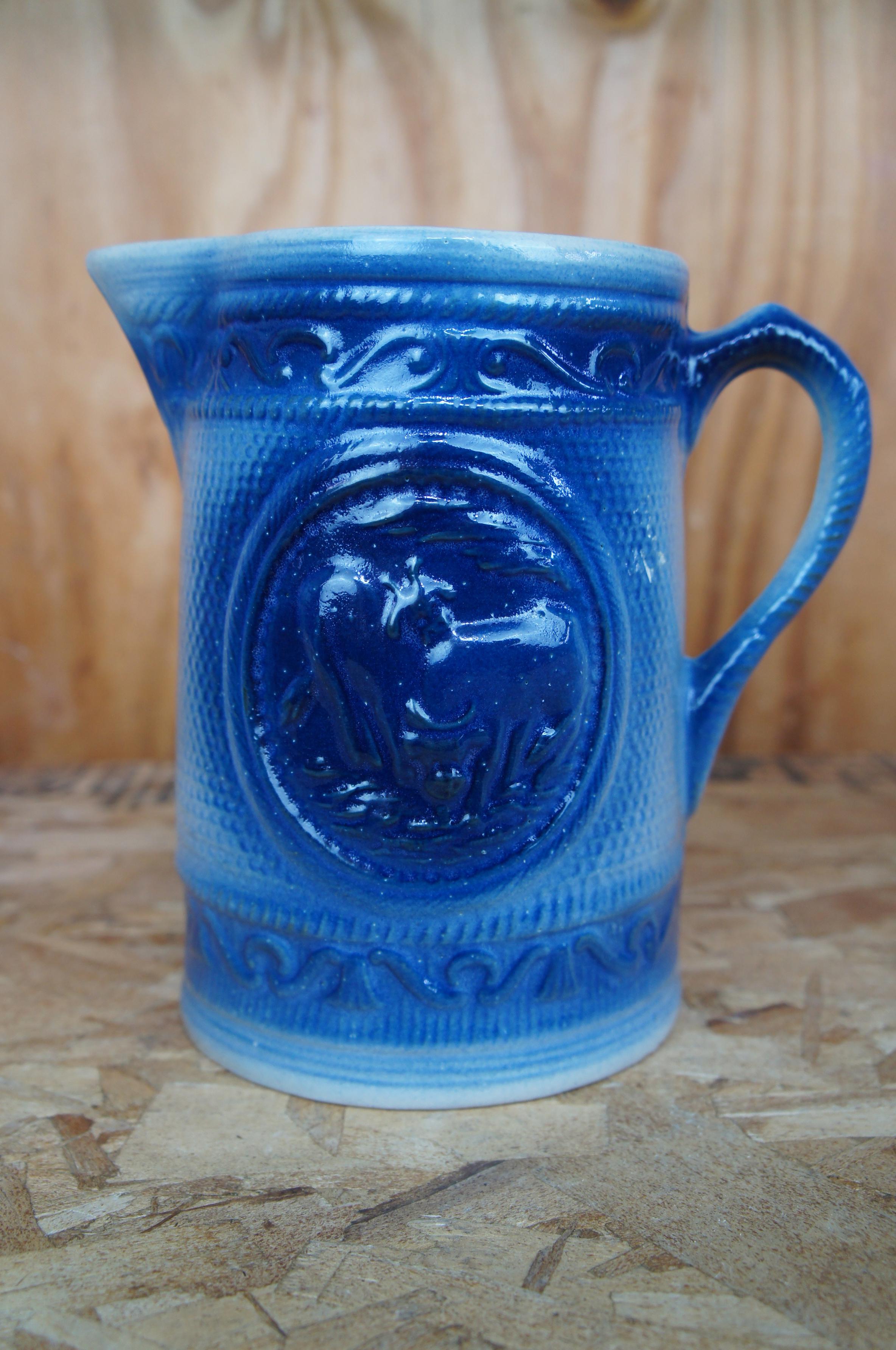 A.E. Hull Antique Victorian Blue & White Salt Glaze Stoneware Pitchers Cows 3