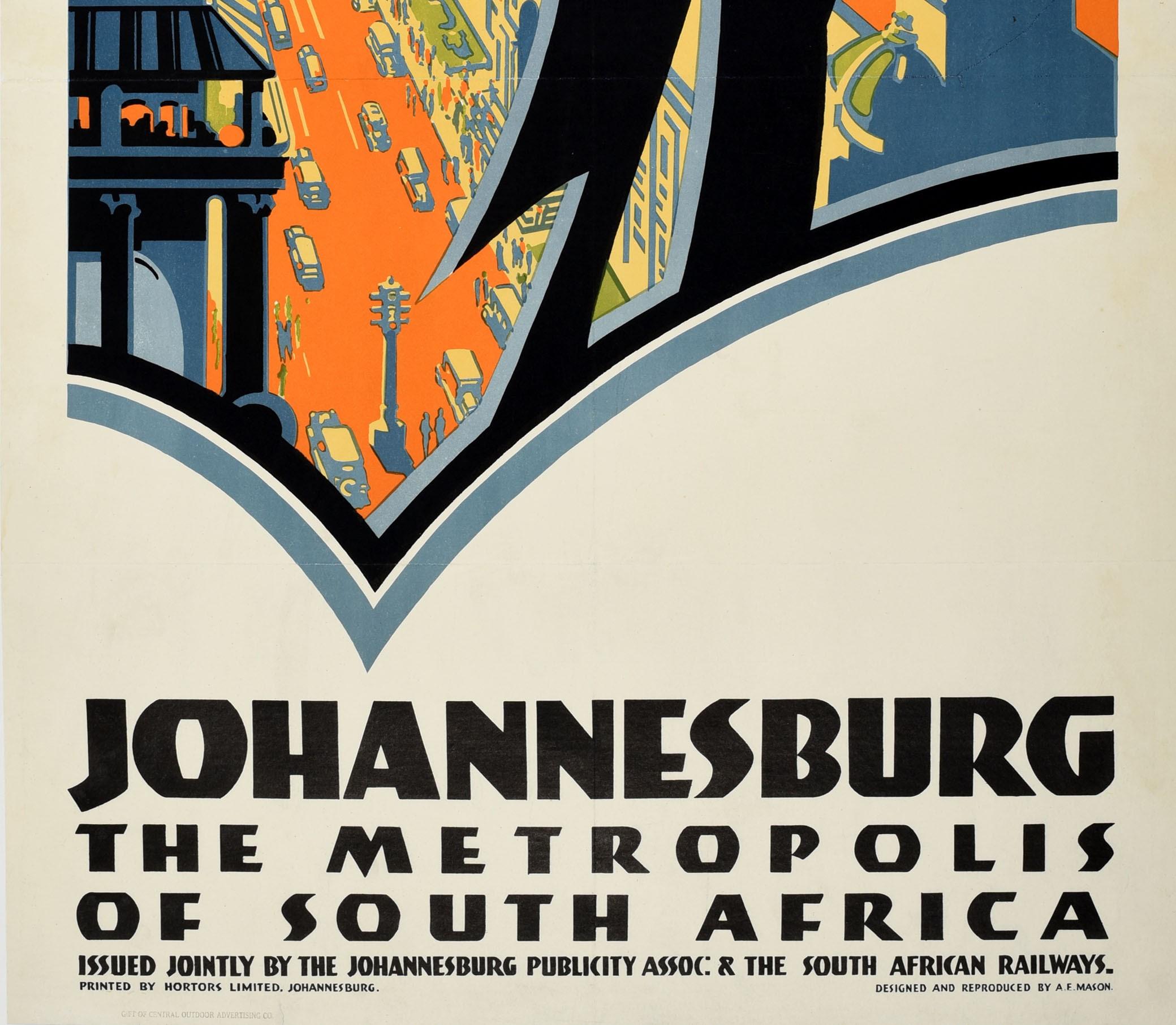 Affiche rétro originale de voyage en chemin de fer, Johannesburg, Le Metropolis d'Afrique du Sud - Art déco Print par A.E. Mason