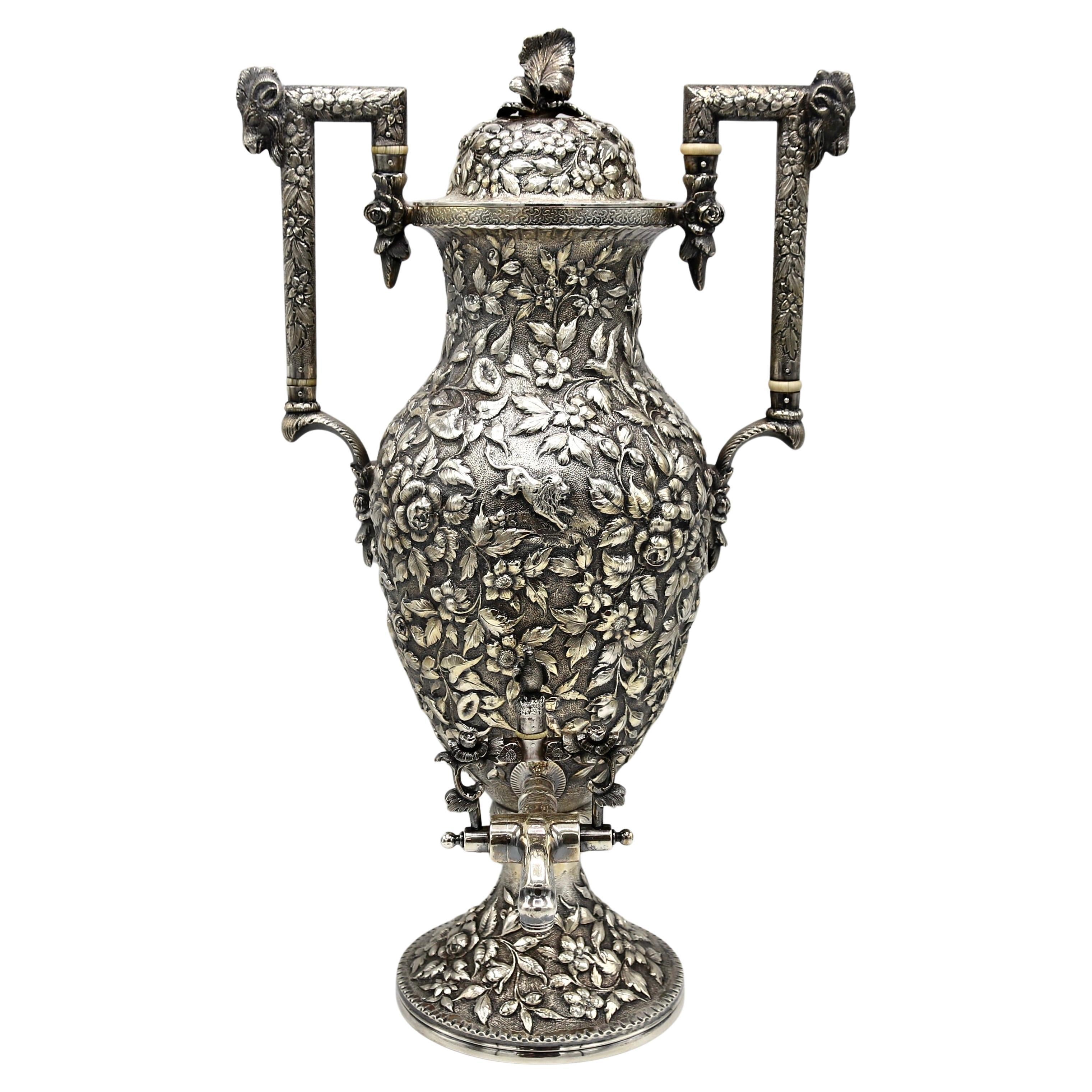 A.E. Warner Baltimore sterling silver repousse tea & coffee service 5 piece set c. 1850. 165.33 total troy ounces. Monogram 