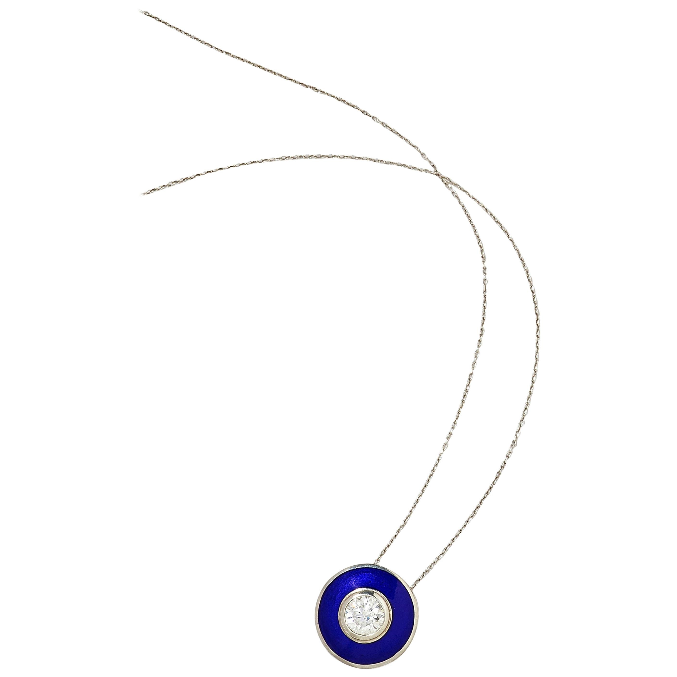 18 Karat White Gold Diamond Blue Vitreous Enamel Aurora Necklace