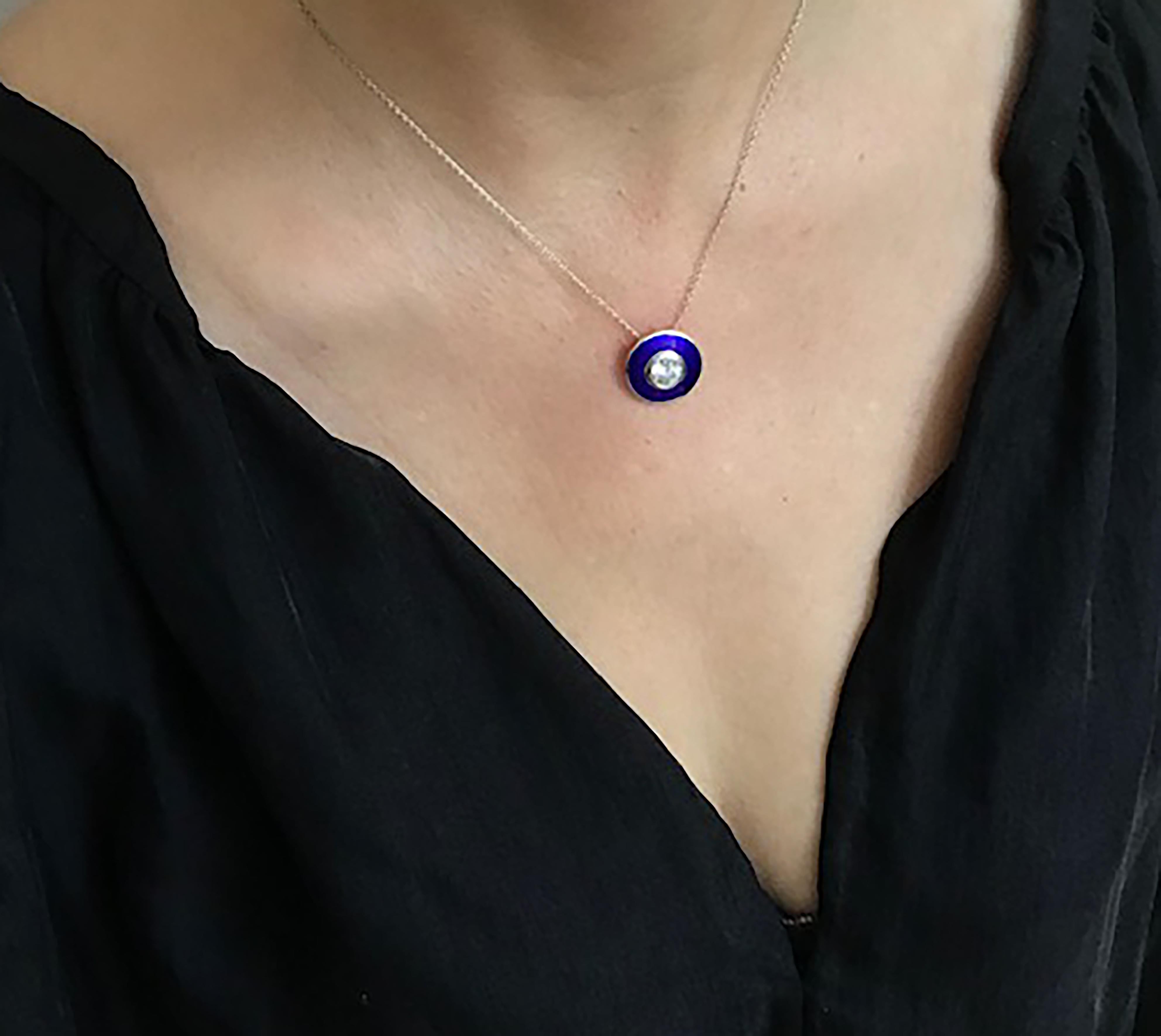 Rooted in clean, classic lines, this a bold yet elegant Art Deco necklace reflects the individuality of the wearer, while using the venerable vitreous hot enamel.  Catching the light at every turn the diamond of your choosing will mesmerise the