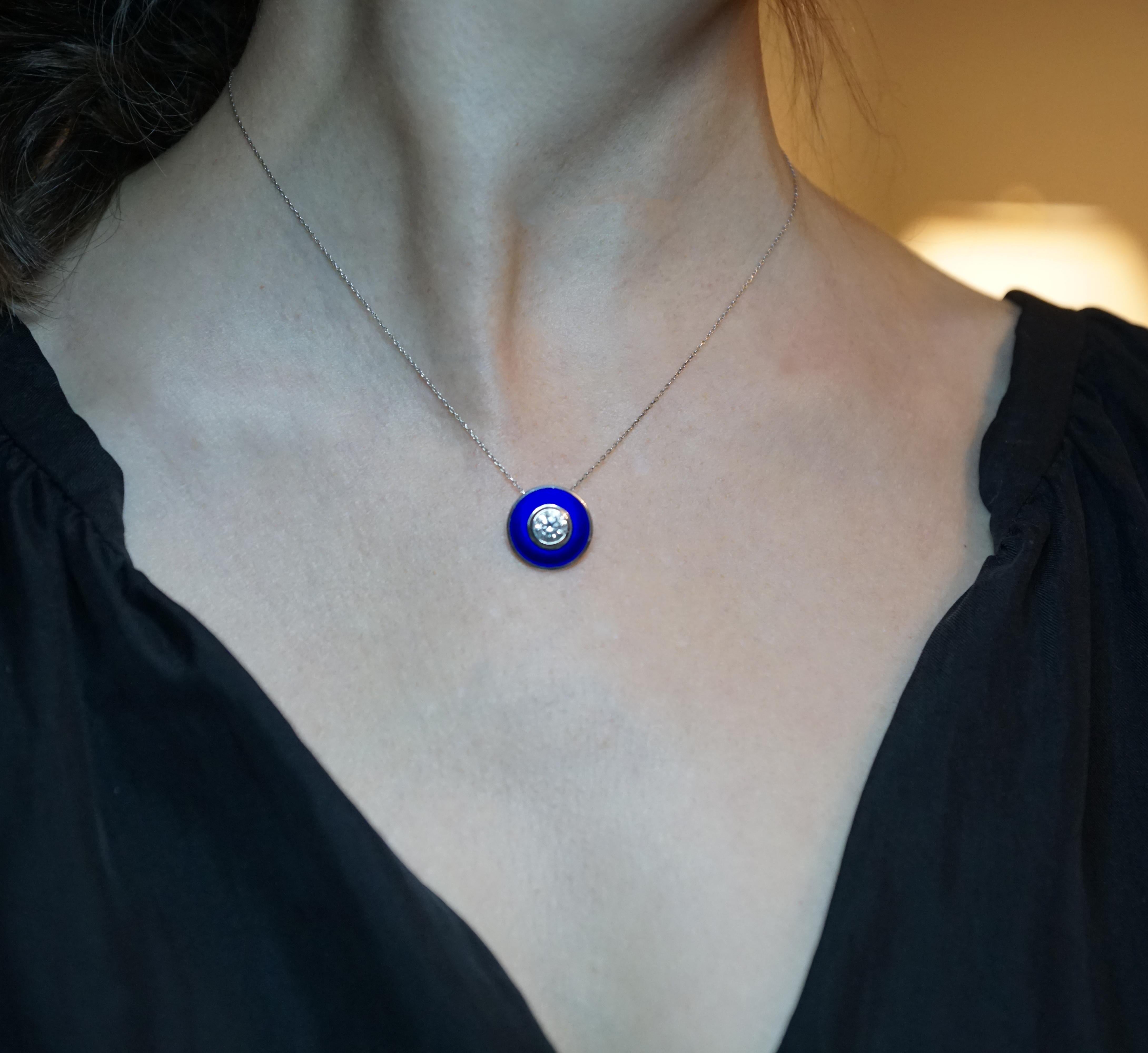 18 Karat White Gold Diamond Blue Vitreous Enamel Aurora Necklace In New Condition For Sale In London, GB