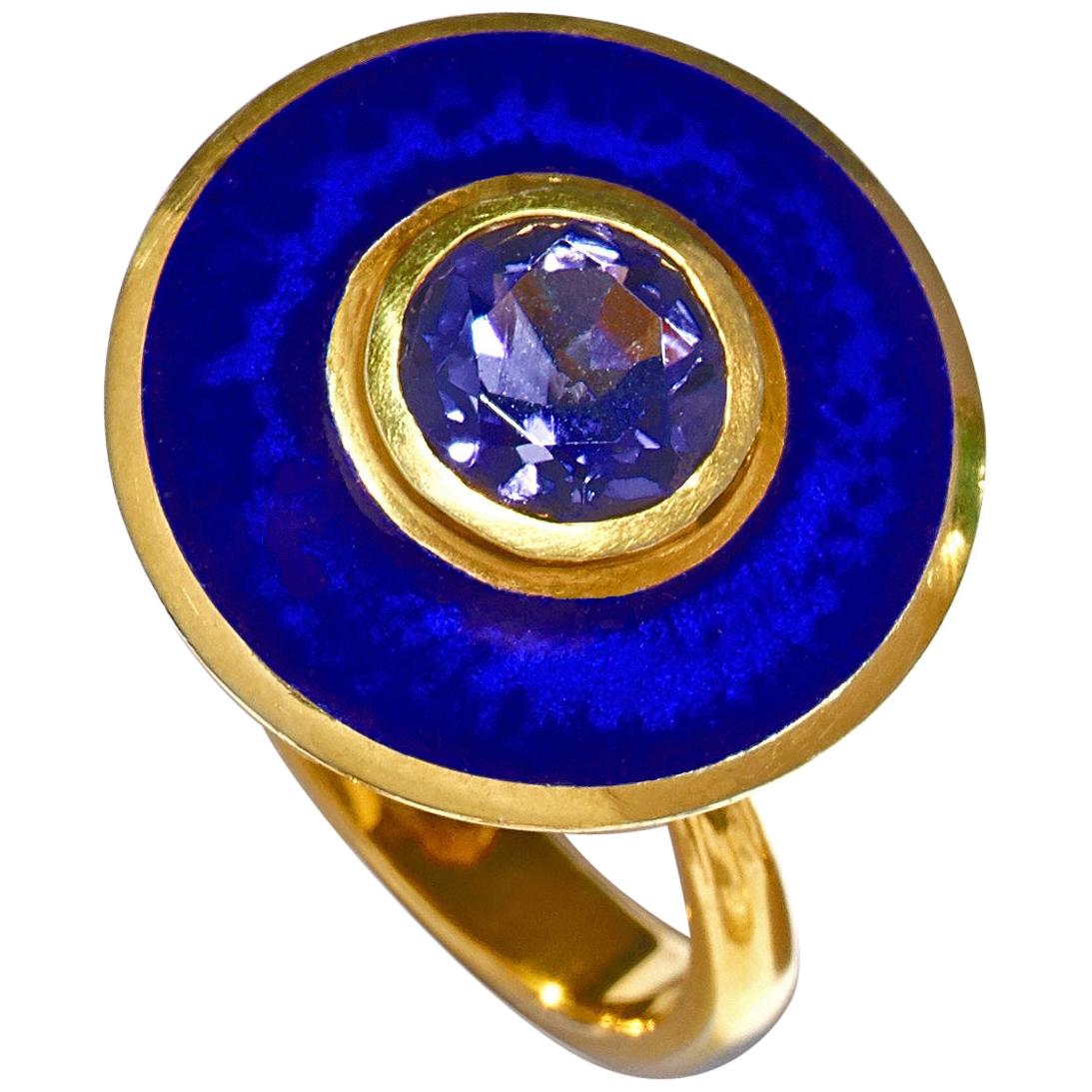 Aegean Blue Aurora Ring 18 Karat Yellow Gold Blue Vitreous Enamel Iolite Stone For Sale