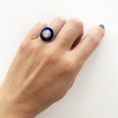 Art Deco Style Ring with a IGL Diamond in 18 Karat Gold and Vitreous Hot Enamel