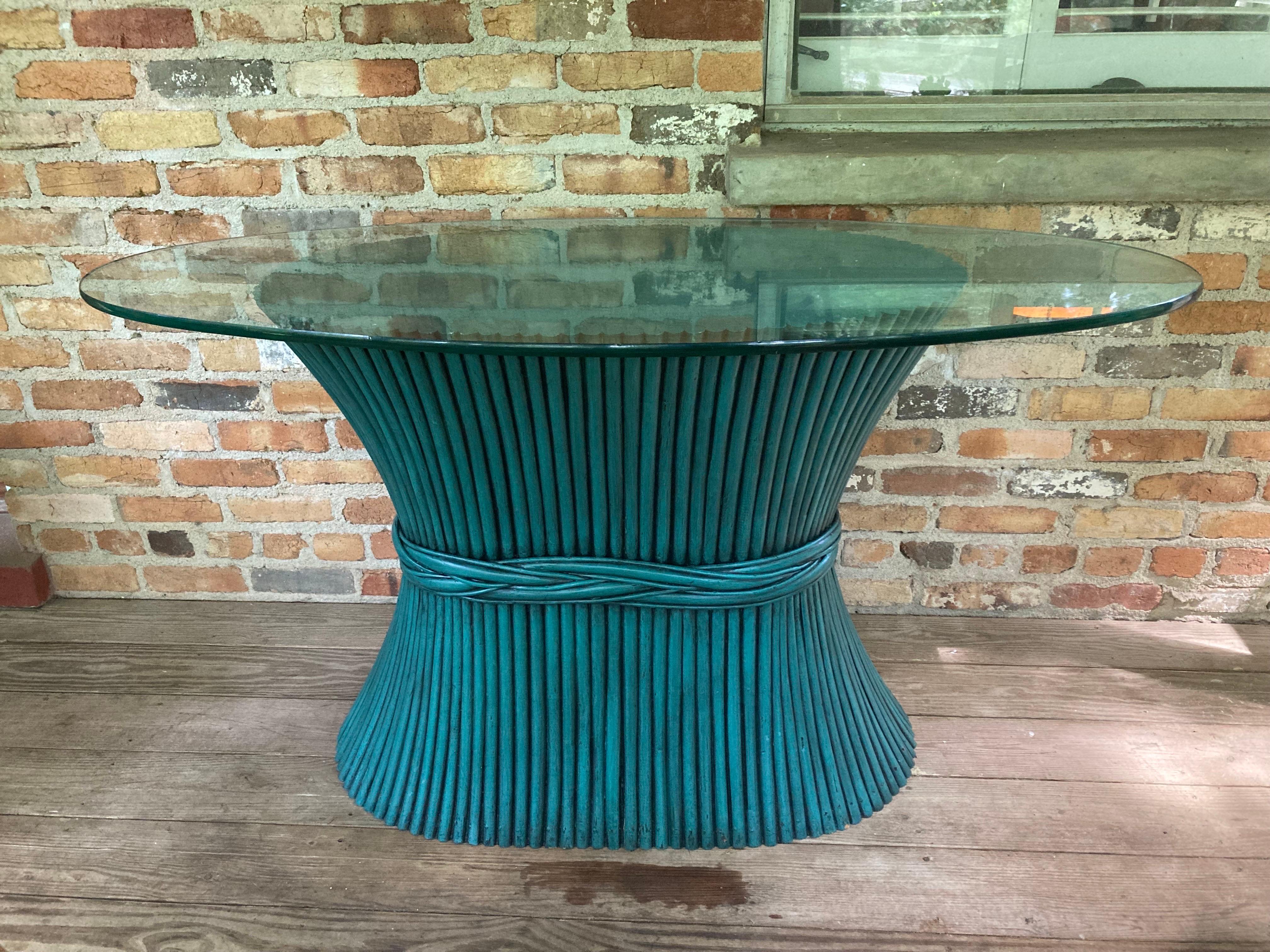 1950s McGuire Sheaf of Wheat Aegean Blue Table
wonderful color, mid century mcguire base with custom cut thick glass oval top
no maker’s mark
56ʺW × 24ʺD × 29.5ʺH
Beautiful Rich Hue, perfect for any room, or style, mcm, coastal or urban chic...
she