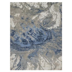 Tapis oriental en laine et soie, noué à la main, bleu égéen et ivoire, am designs abstraits