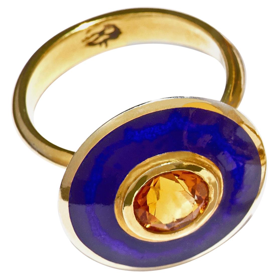 Aegean Sunset Aurora Ring 18k Yellow Gold Orange Citrine Blue Vitreous Enamel For Sale